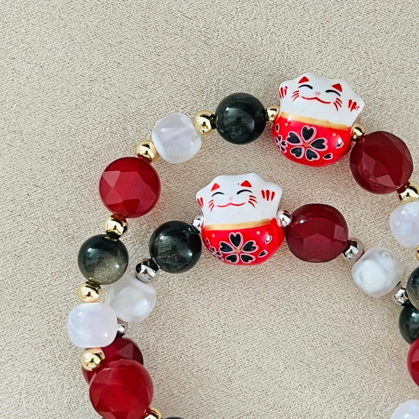 Gold Sheen Obsidian, Red Agate & Snowflake Agate Money Kitty Bracelet