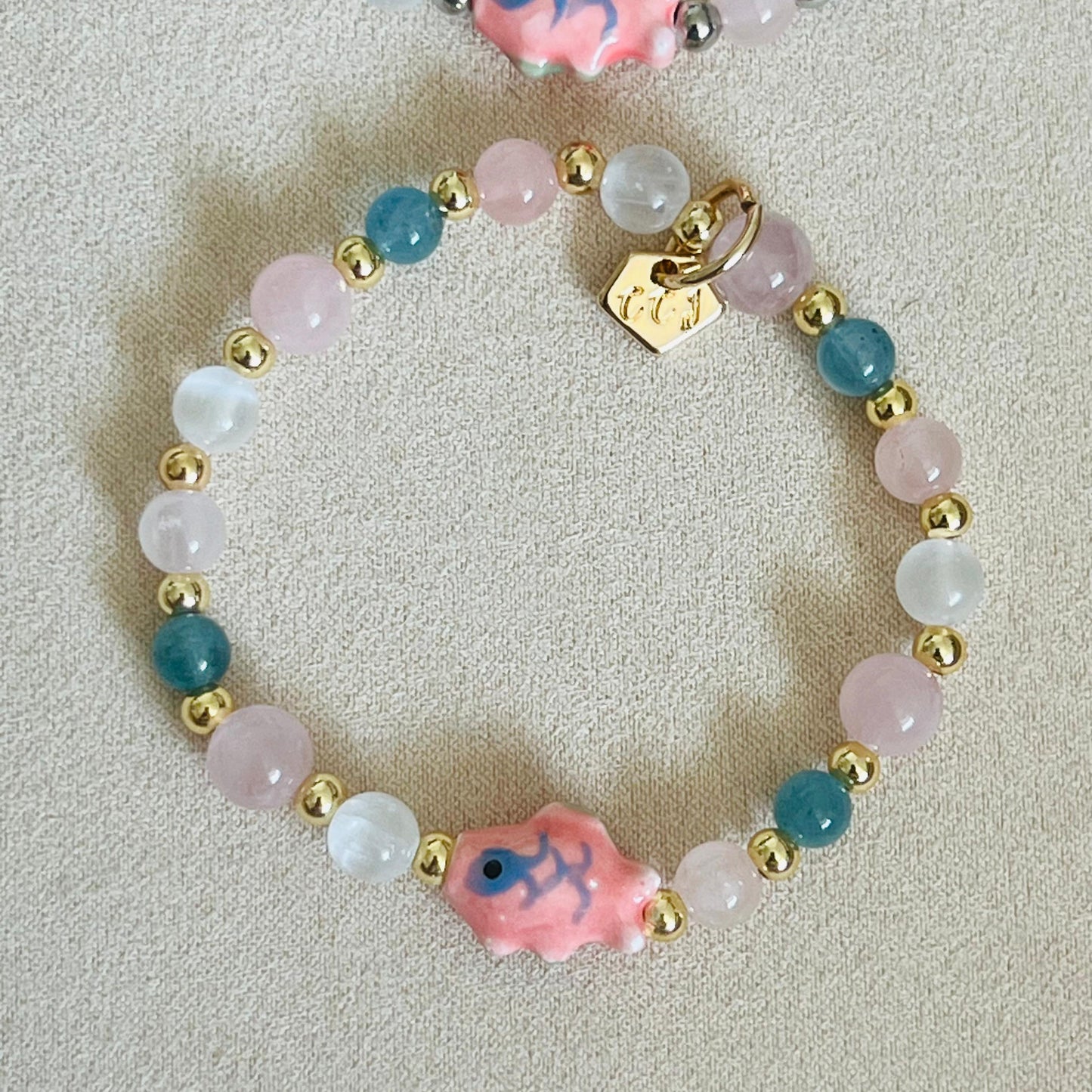 Aquamarine, Rose Quartz & Selenite Rose Koi Bracelet