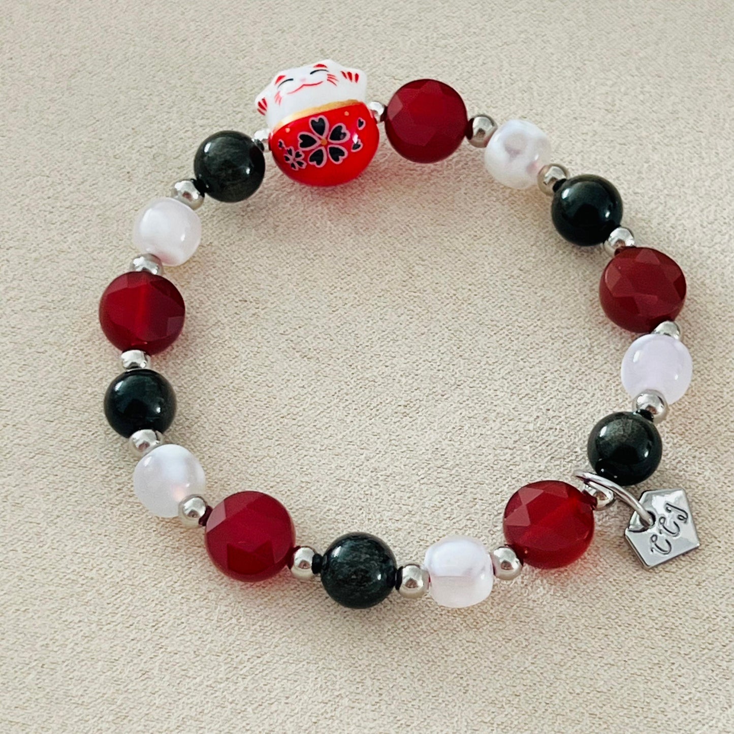 Gold Sheen Obsidian, Red Agate & Snowflake Agate Money Kitty Bracelet