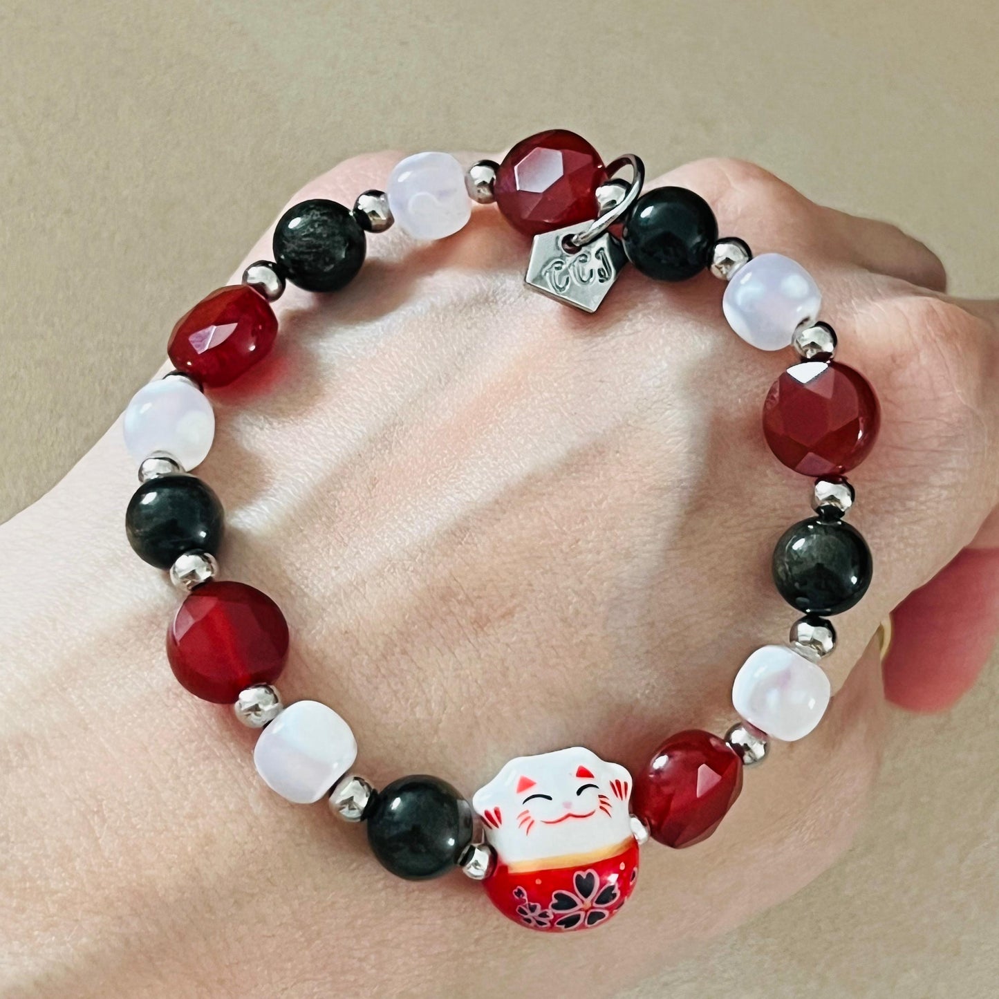 Gold Sheen Obsidian, Red Agate & Snowflake Agate Money Kitty Bracelet