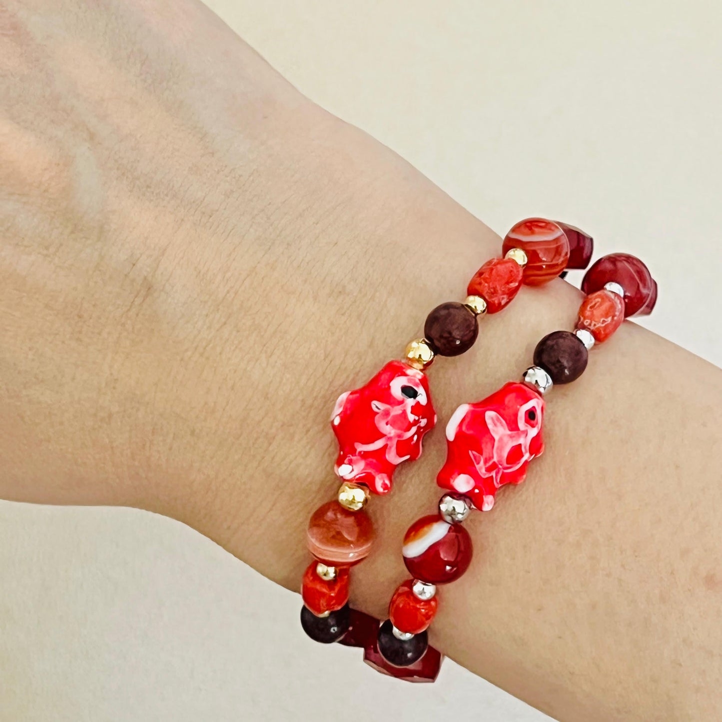 Carnelian, Coral, Red Agate & Sandalwood Angbao Koi Bracelet