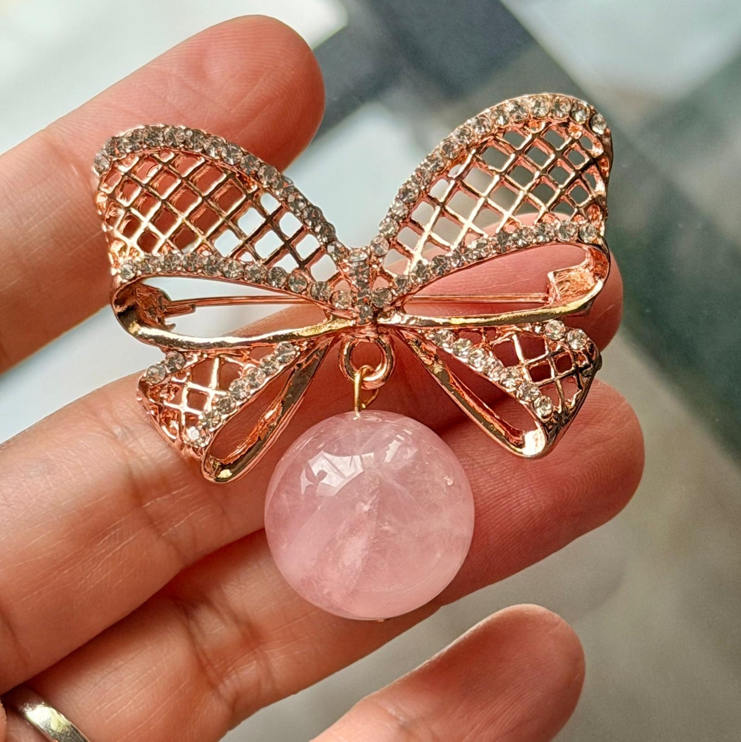 Madagascar Rose Quartz Ribbon Brooch