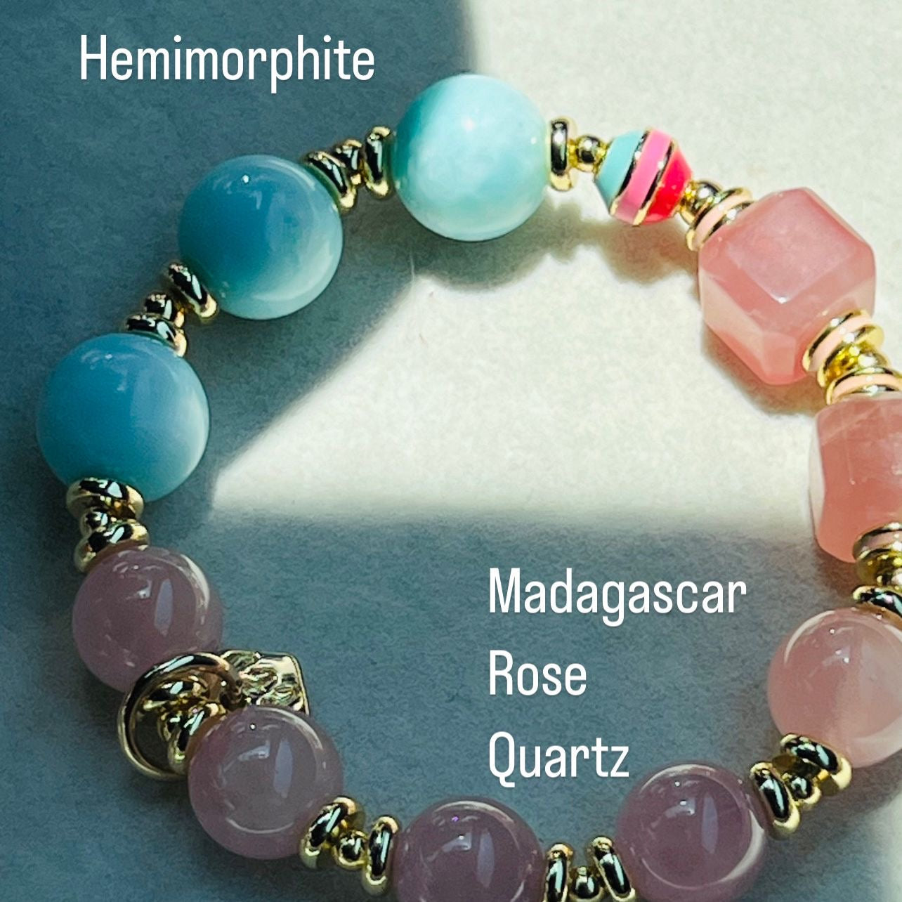 Hemimorphite & Madagascar Rose Quartz Cube Bracelet