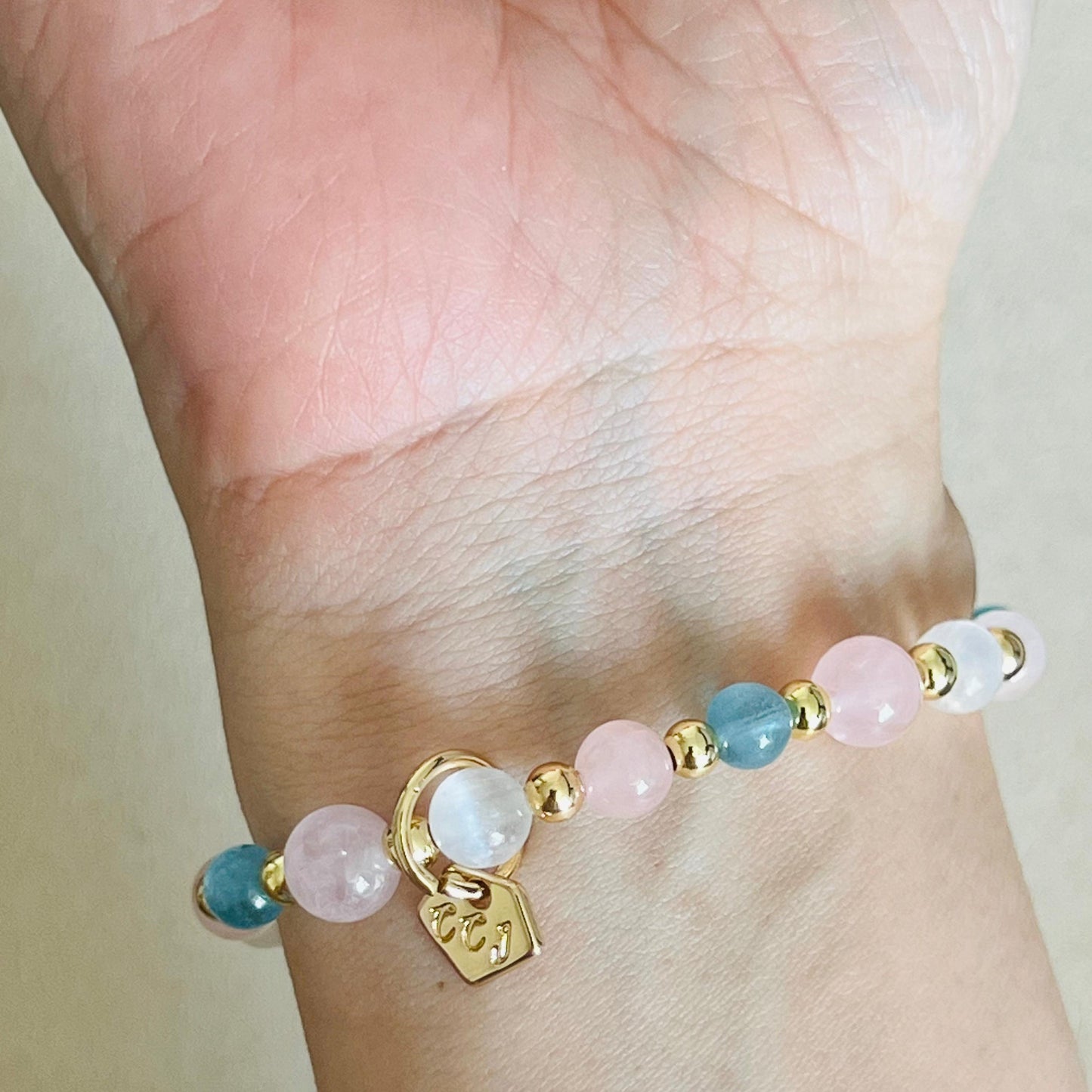 Aquamarine, Rose Quartz & Selenite Rose Koi Bracelet