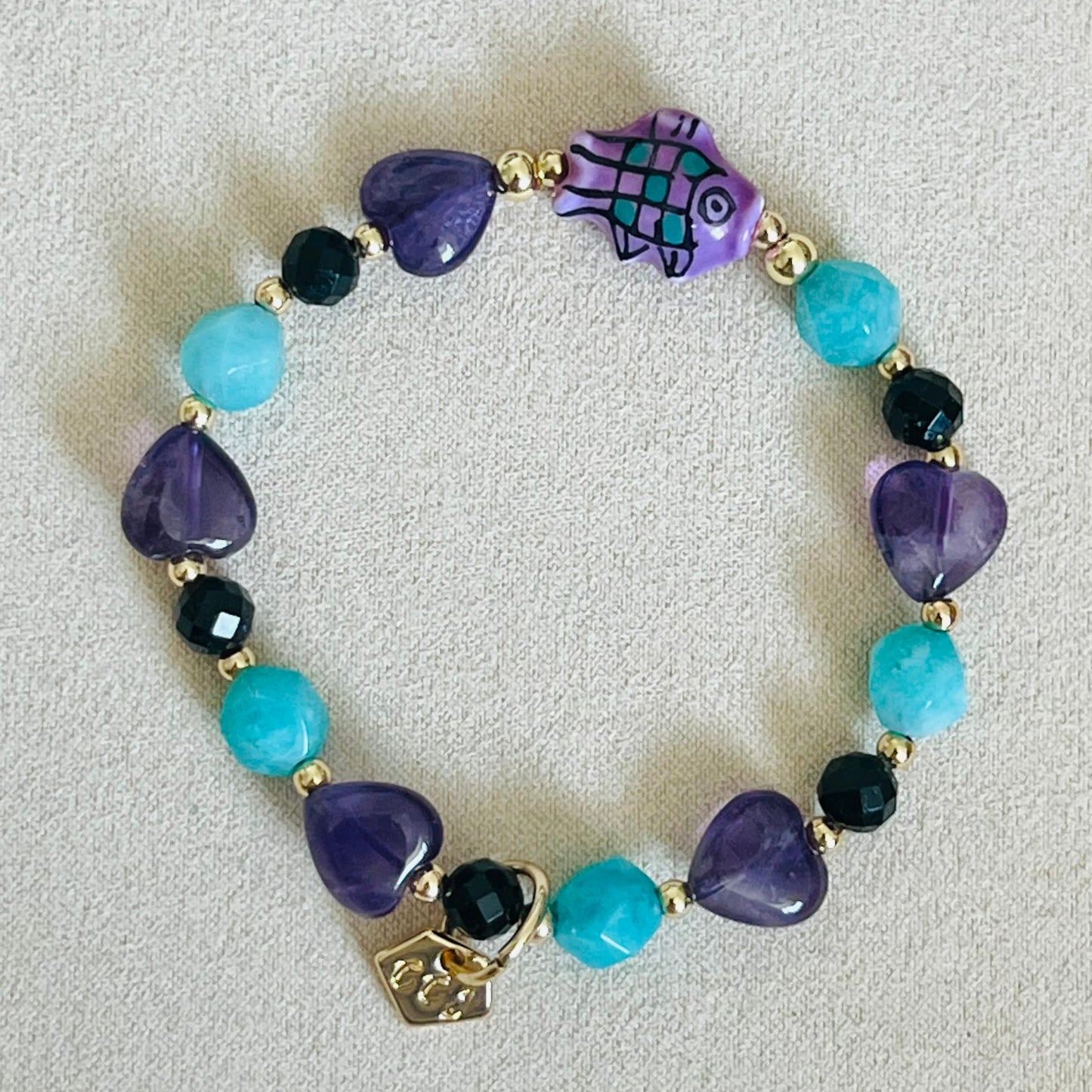 Amazonite, Amethyst & Black Tourmaline Grape Koi Bracelet