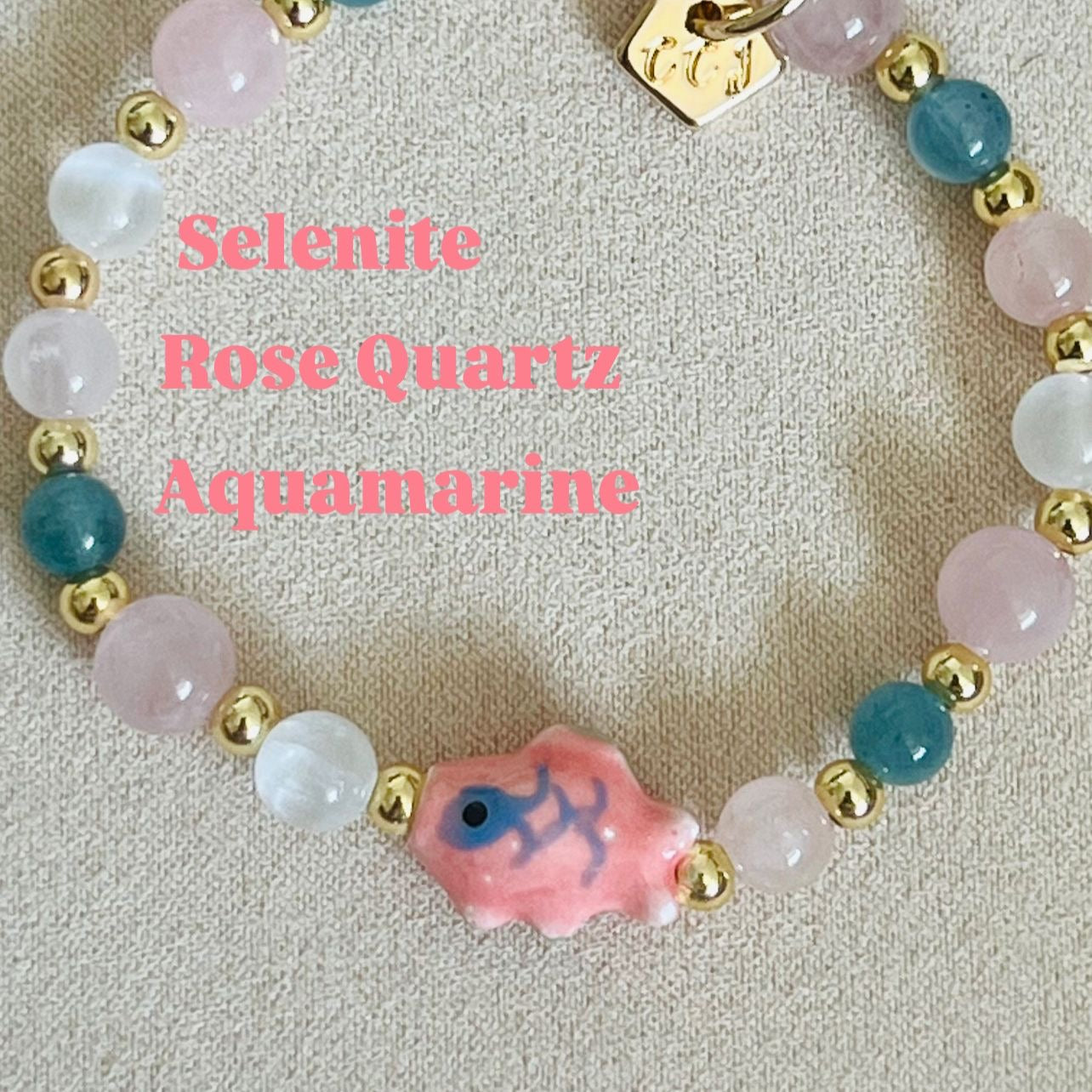 Aquamarine, Rose Quartz & Selenite Rose Koi Bracelet