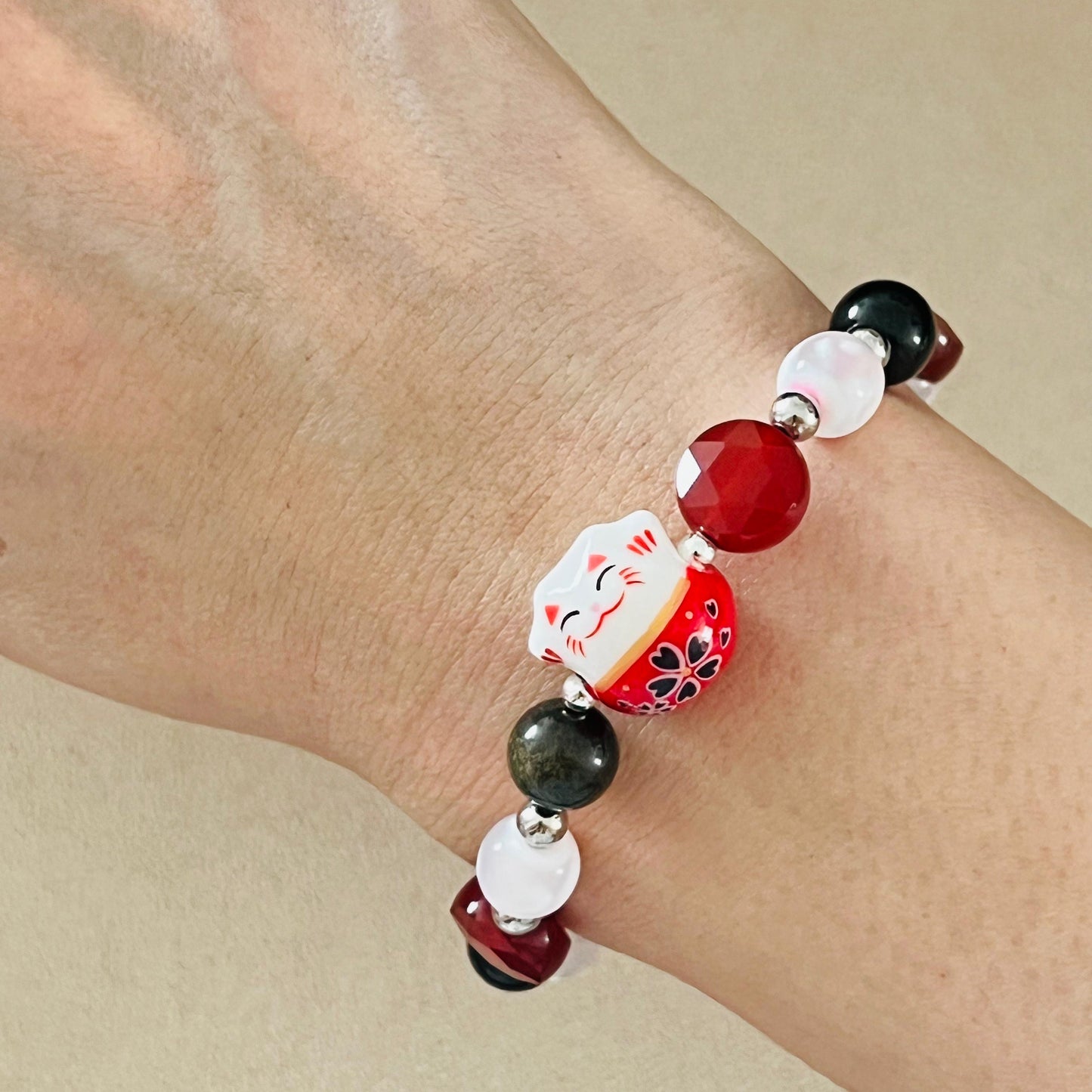 Gold Sheen Obsidian, Red Agate & Snowflake Agate Money Kitty Bracelet