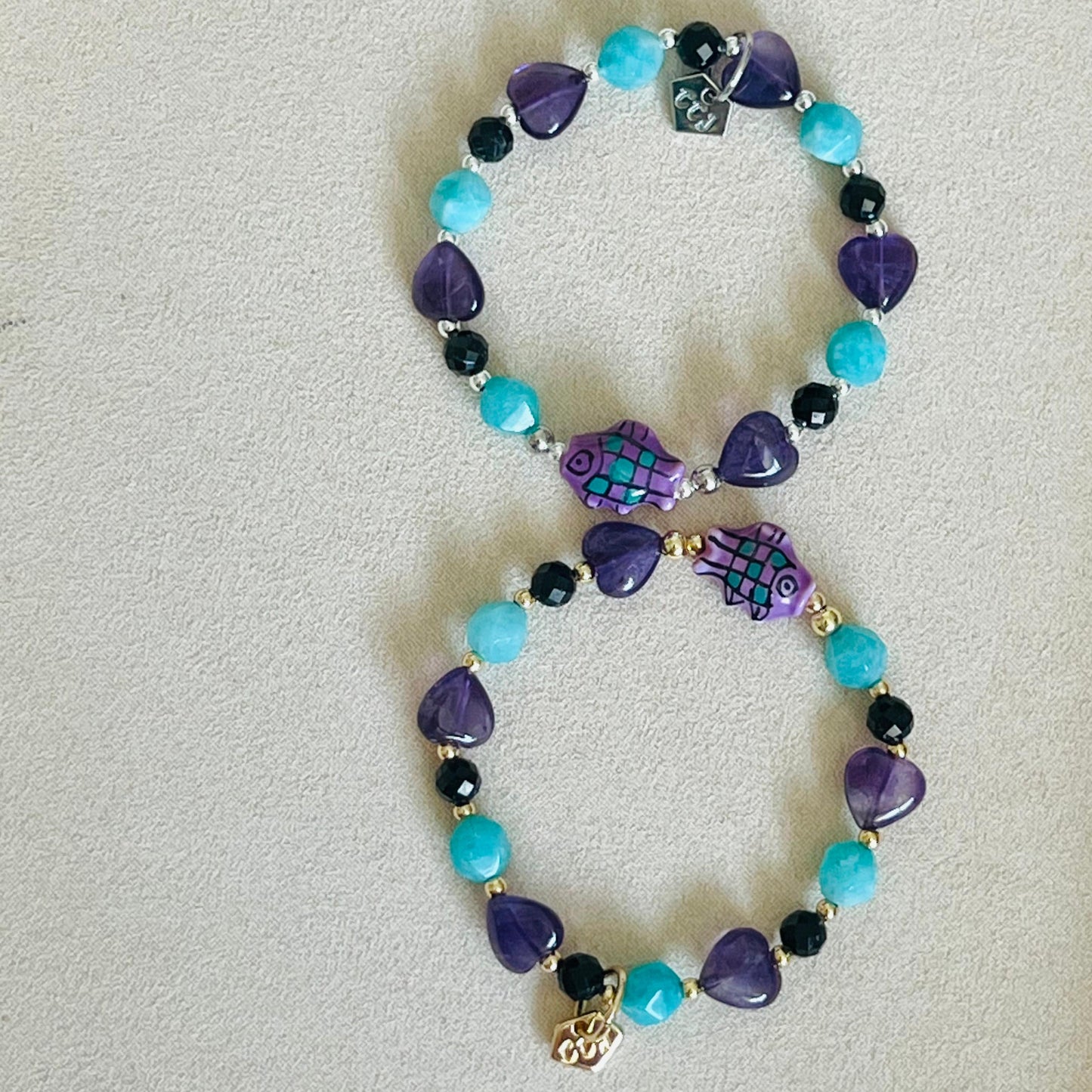 Amazonite, Amethyst & Black Tourmaline Grape Koi Bracelet