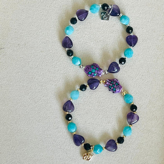 Amazonite, Amethyst & Black Tourmaline Grape Koi Bracelet