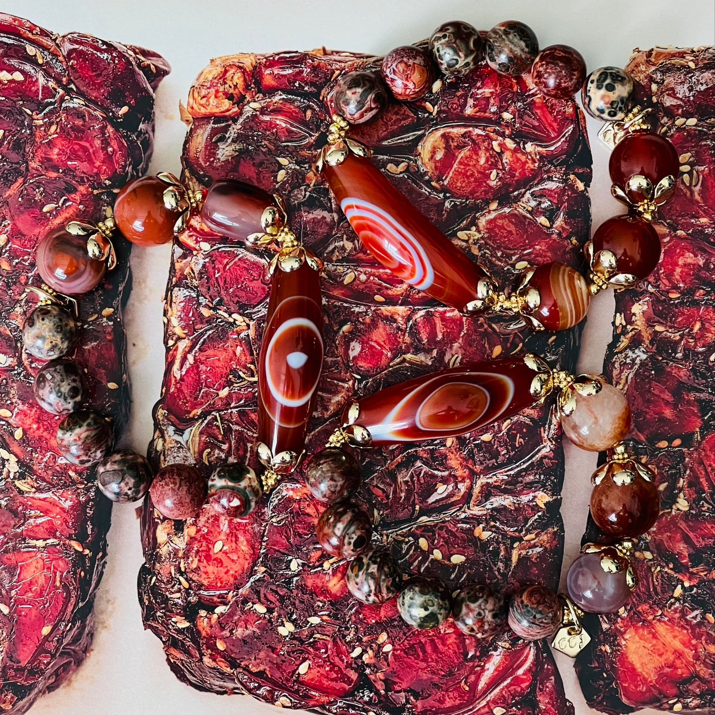 Tibetan Eye Agate, Carnelian, Leopardskin Jasper & Rabbit Hair Quartz Bracelet