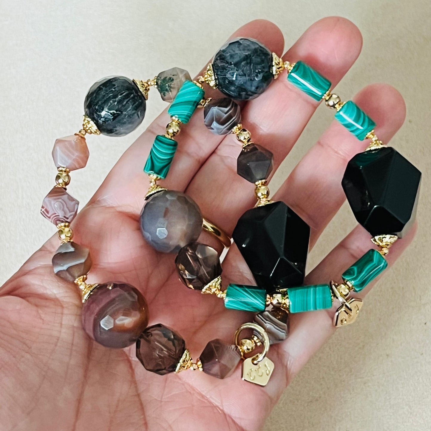 Raw Smoky Quartz, Rutilated Black Quartz, Botswana Agate & Malachite Bracelet