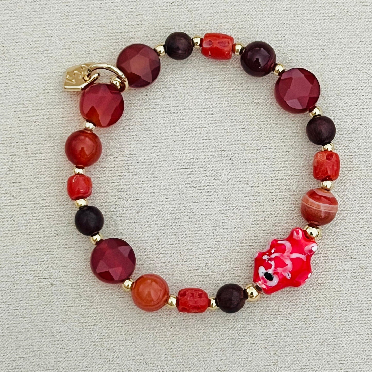 Carnelian, Coral, Red Agate & Sandalwood Angbao Koi Bracelet