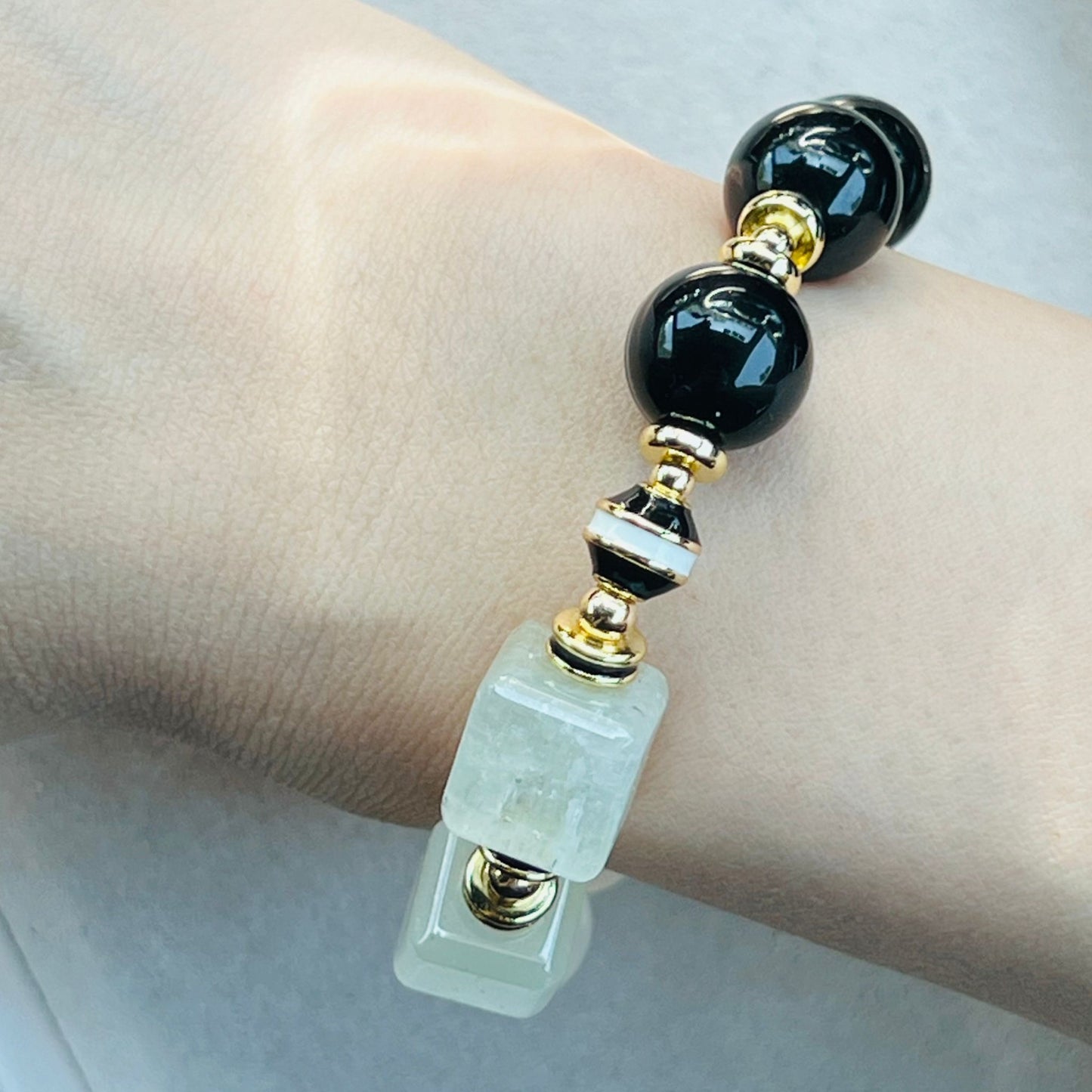 Tibetan Eye Agate,Tourmaline & Kunzite Cube Bracelet