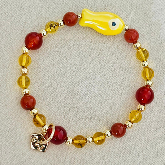 Blue Amber & South Red Agate Money Fish Bracelet 🐟