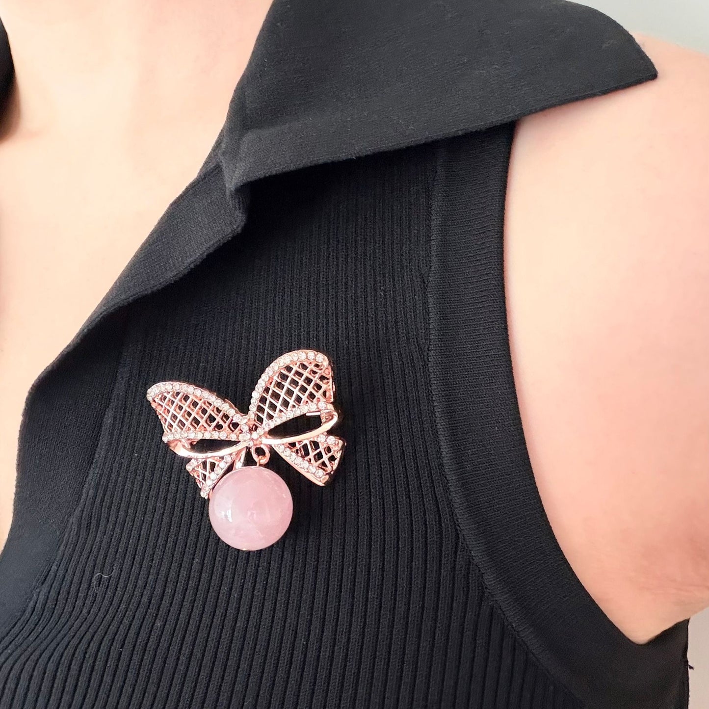 Madagascar Rose Quartz Ribbon Brooch