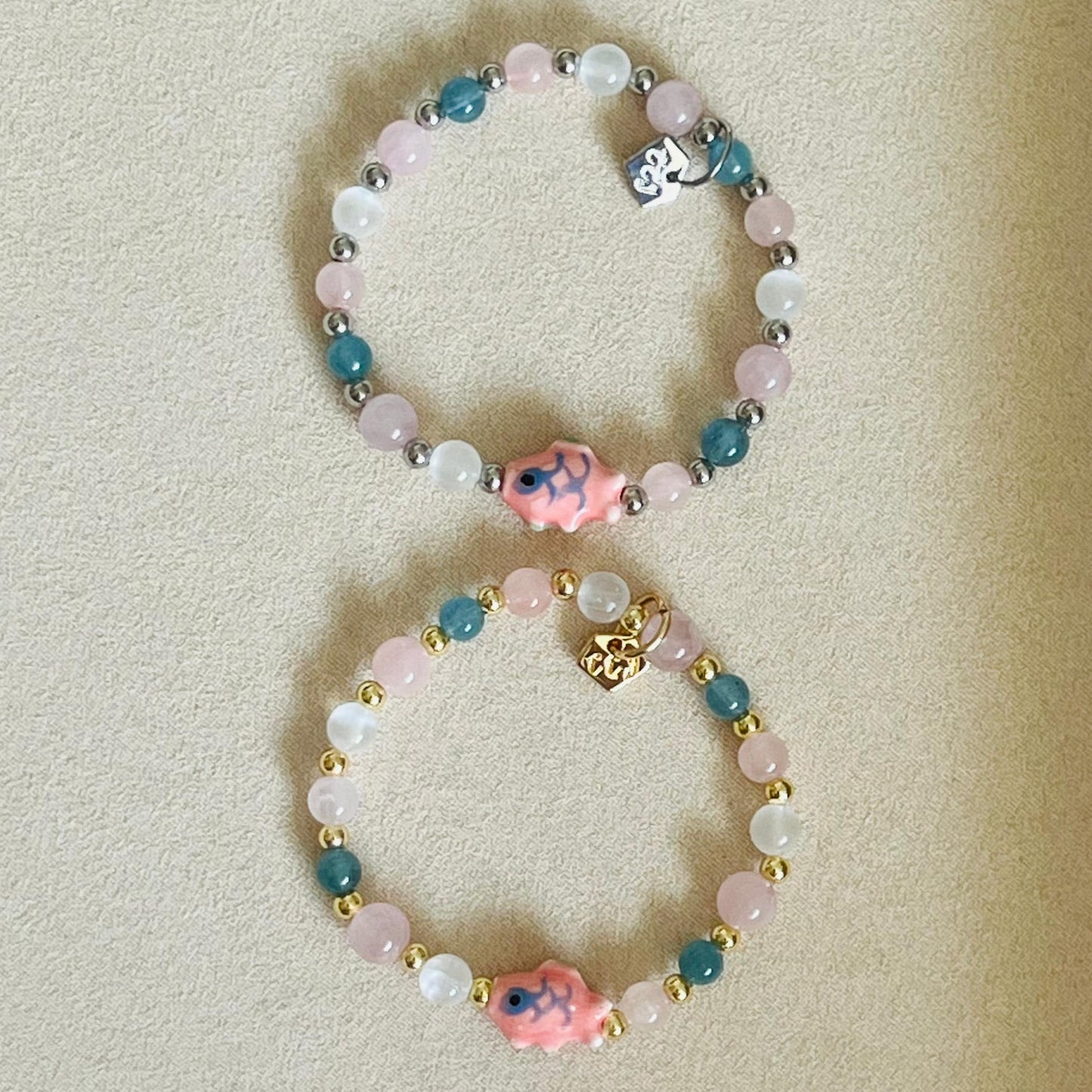 Aquamarine, Rose Quartz & Selenite Rose Koi Bracelet