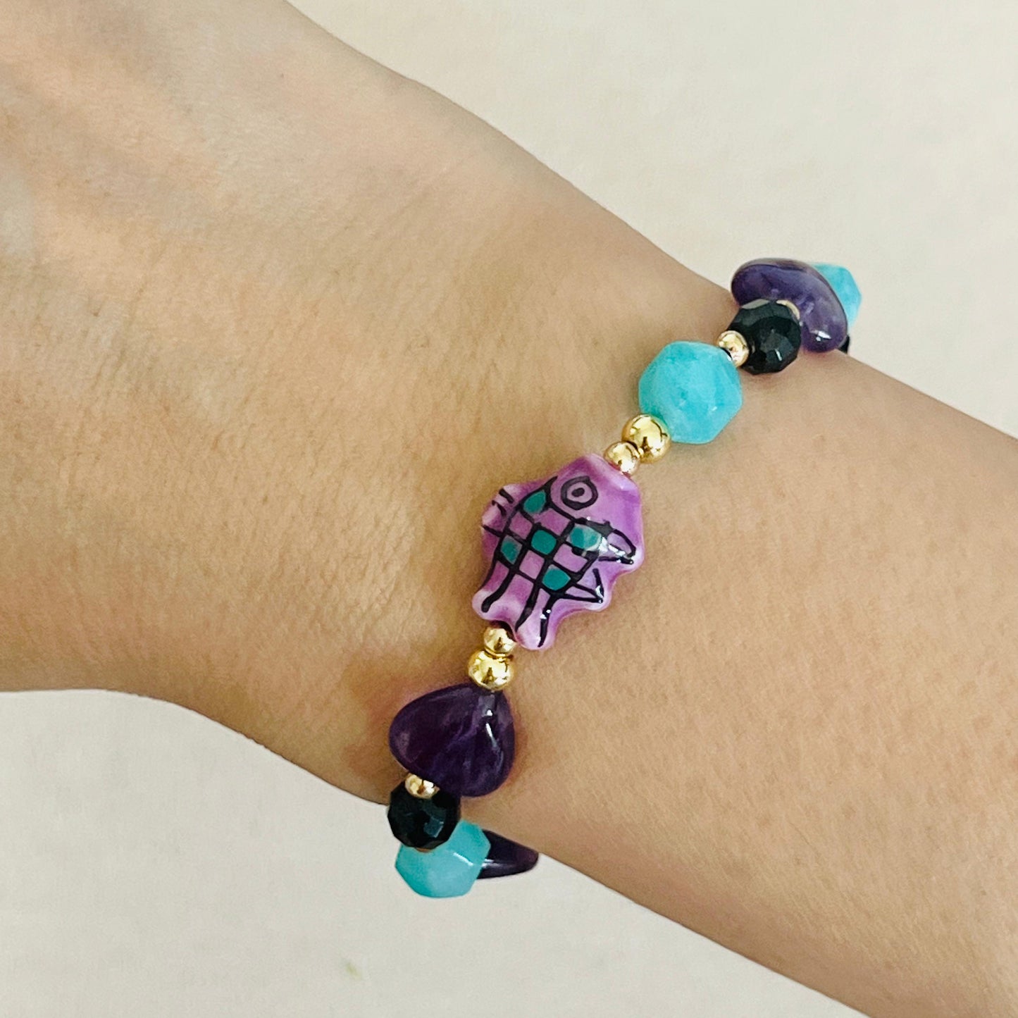 Amazonite, Amethyst & Black Tourmaline Grape Koi Bracelet