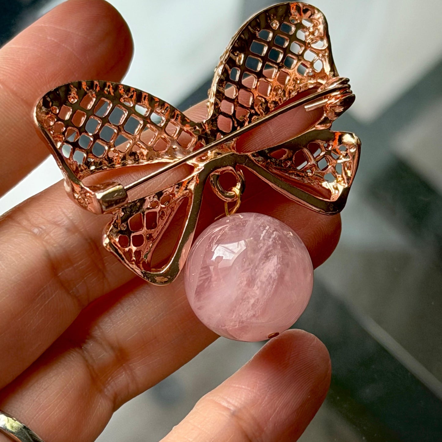 Madagascar Rose Quartz Ribbon Brooch