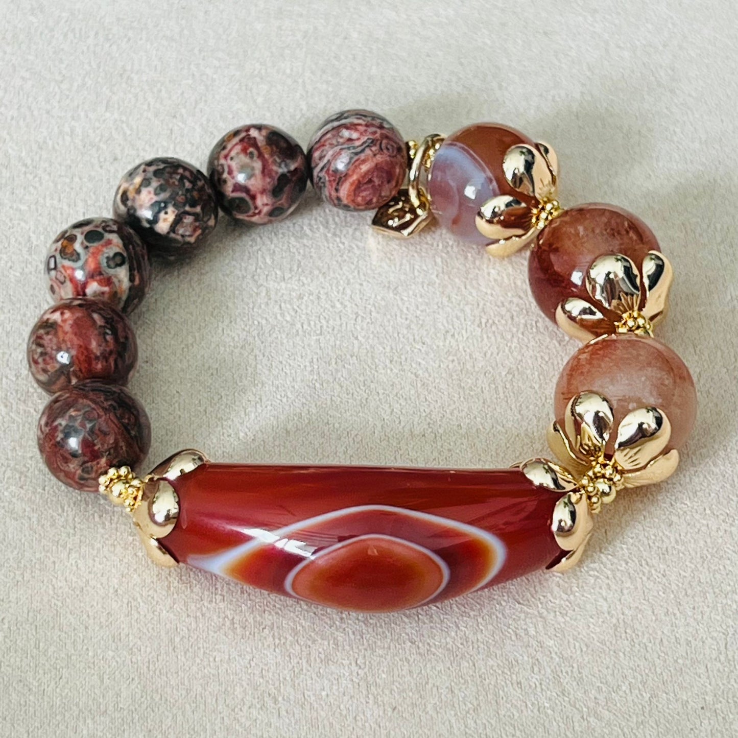 Tibetan Eye Agate, Carnelian, Leopardskin Jasper & Rabbit Hair Quartz Bracelet