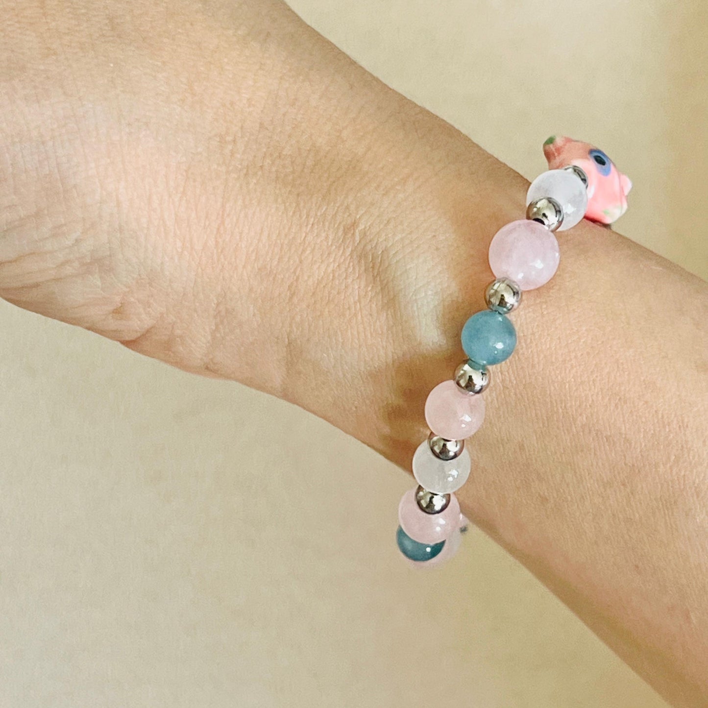 Aquamarine, Rose Quartz & Selenite Rose Koi Bracelet