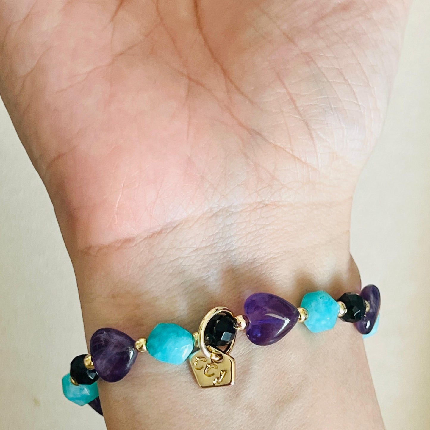 Amazonite, Amethyst & Black Tourmaline Grape Koi Bracelet