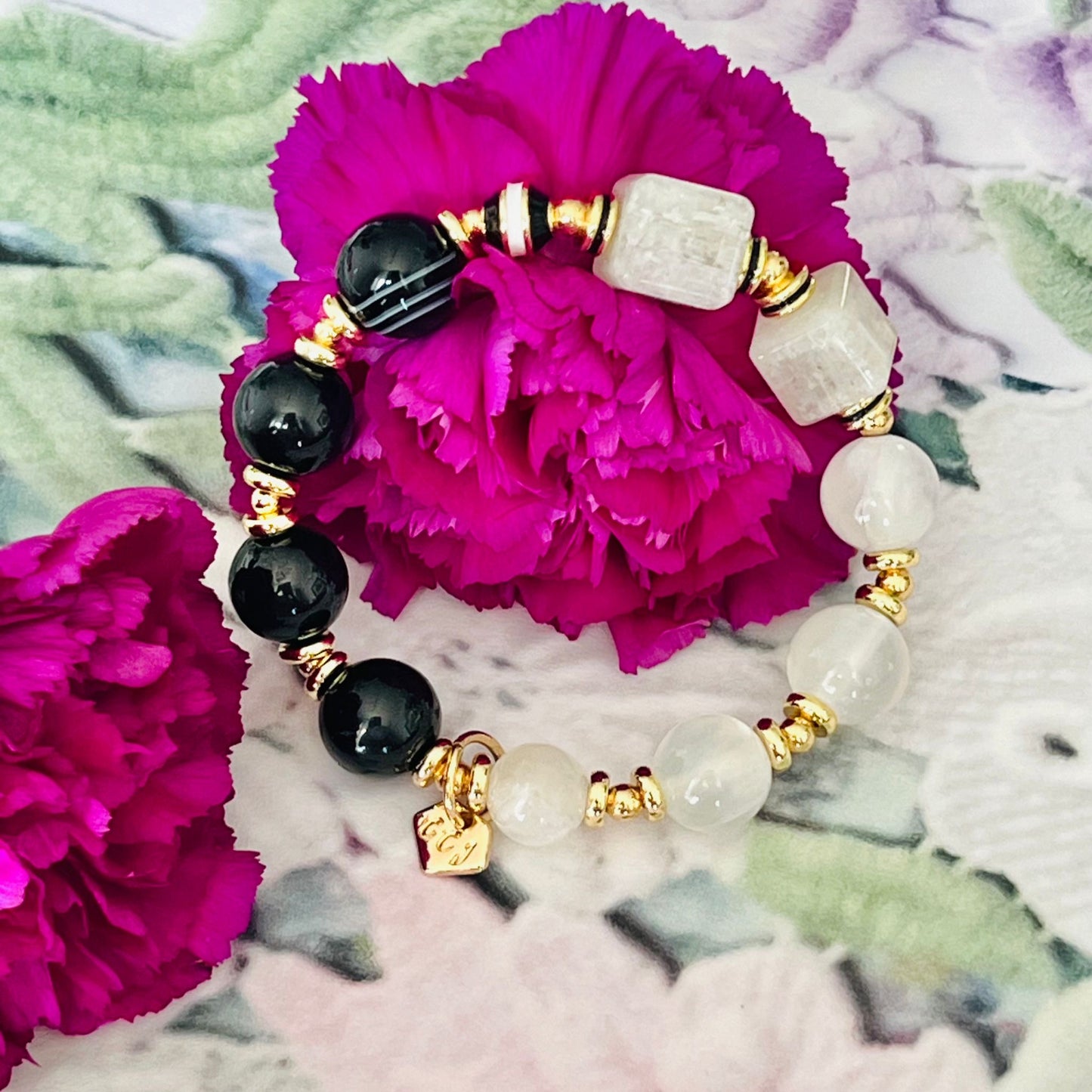 Tibetan Eye Agate,Tourmaline & Kunzite Cube Bracelet