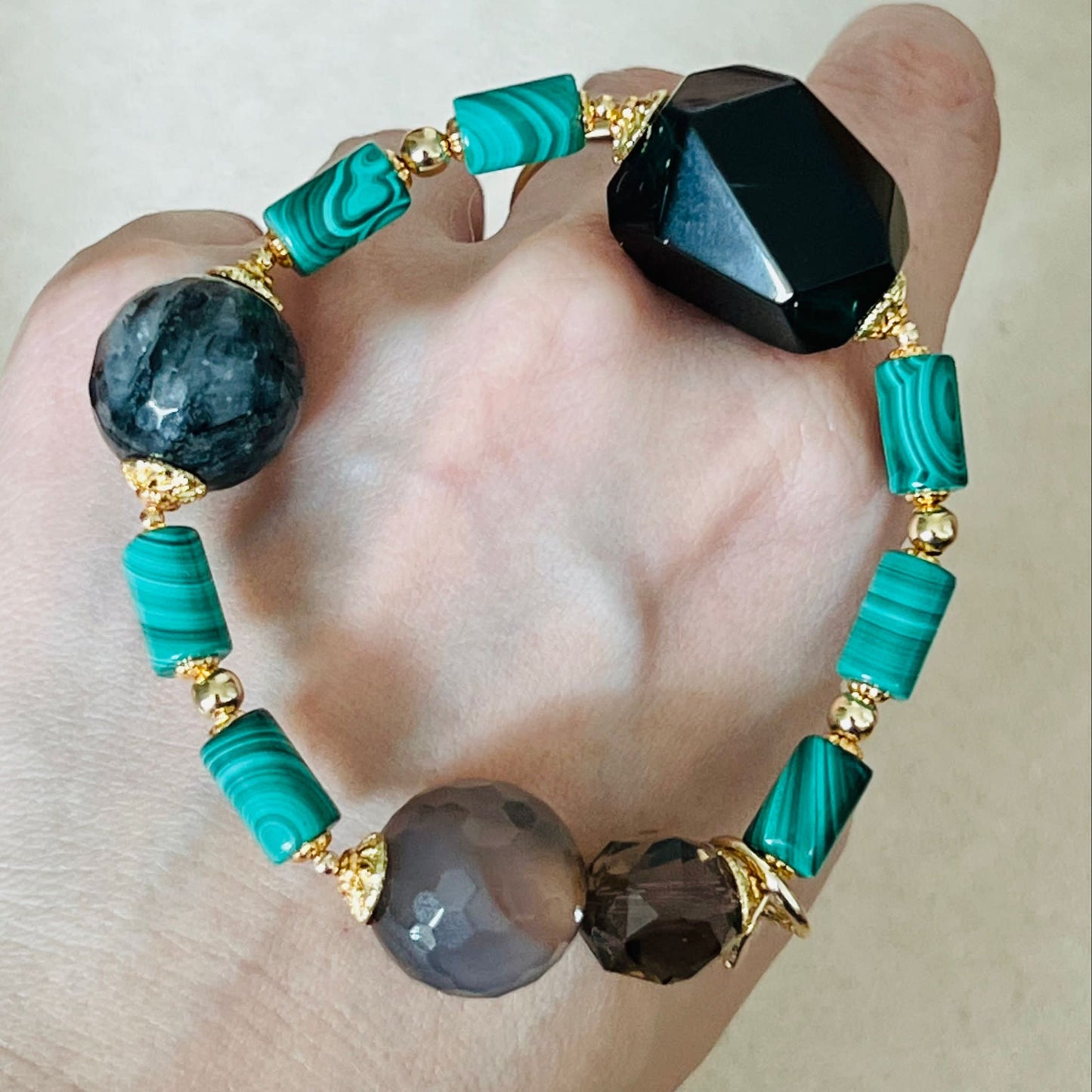 Raw Smoky Quartz, Rutilated Black Quartz, Botswana Agate & Malachite Bracelet