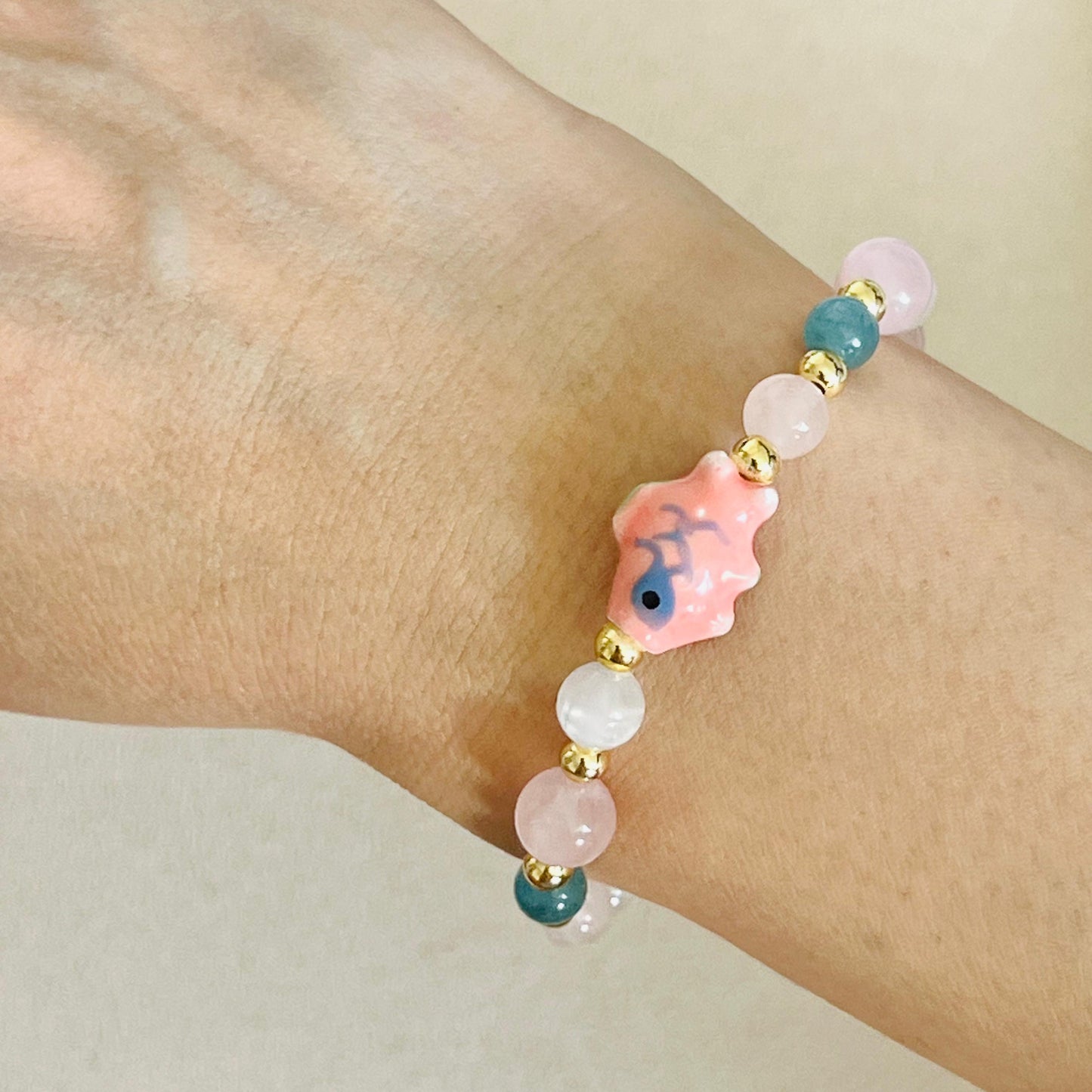 Aquamarine, Rose Quartz & Selenite Rose Koi Bracelet