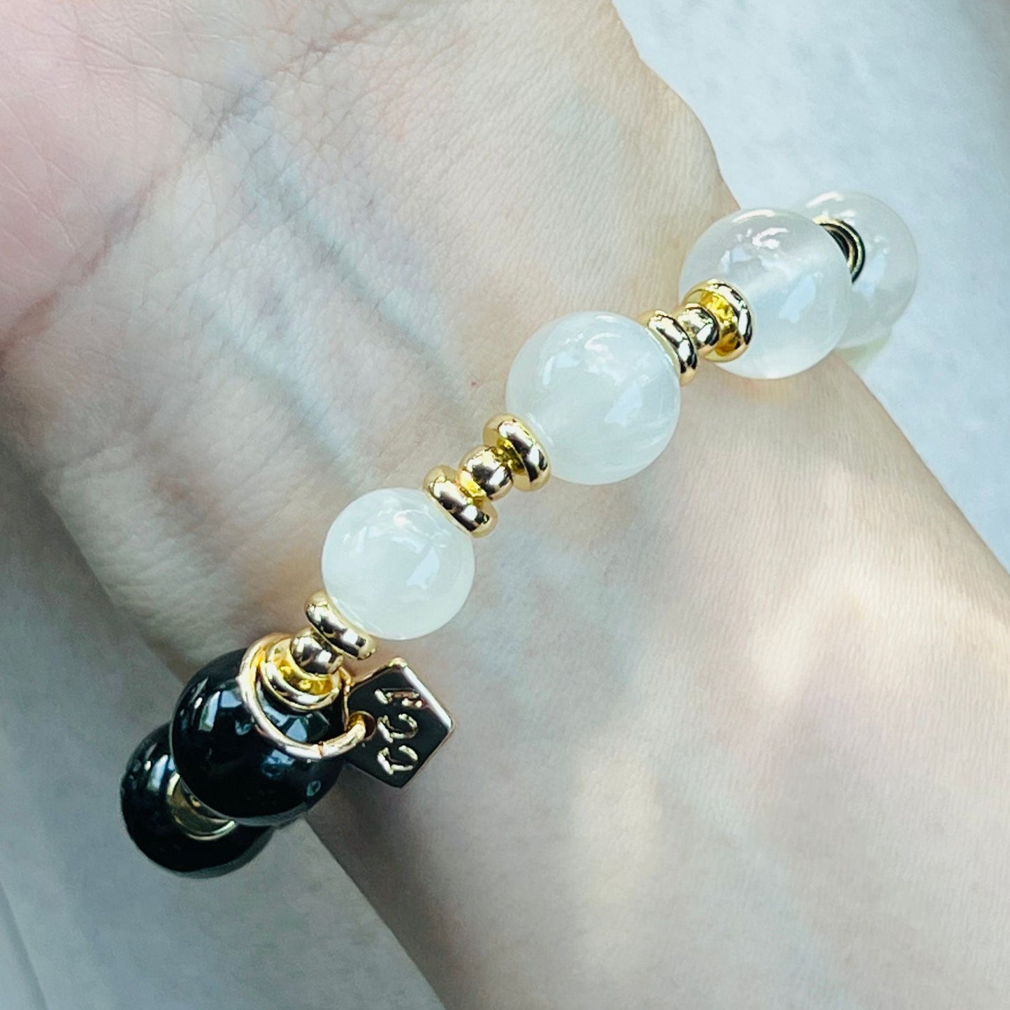 Tibetan Eye Agate,Tourmaline & Kunzite Cube Bracelet