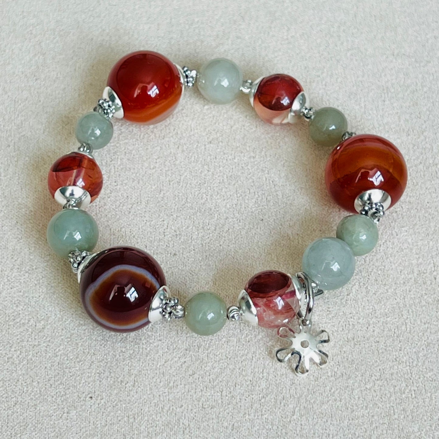 Carnelian, Red Hematoid & Olive Jade Bracelet SHW