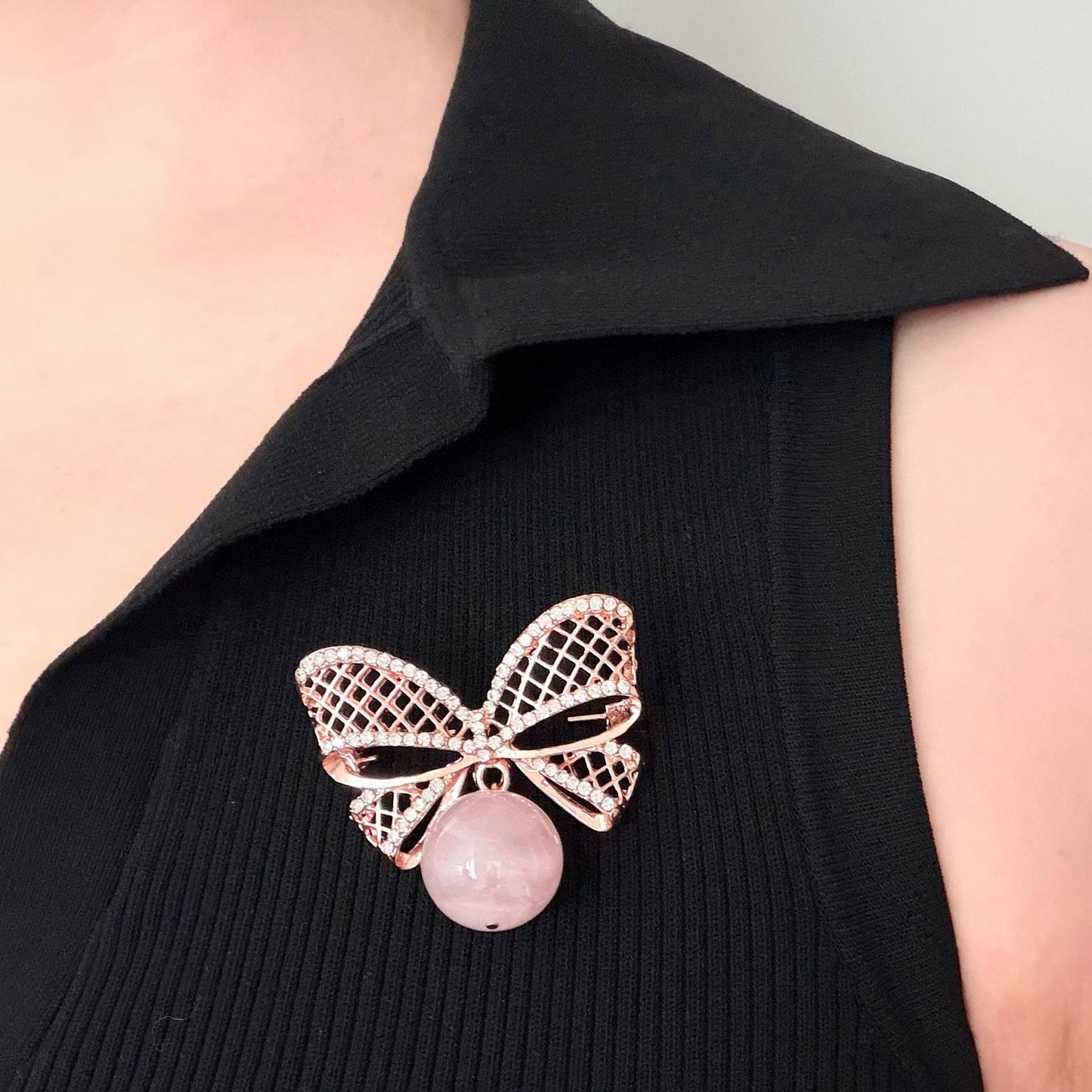 Madagascar Rose Quartz Ribbon Brooch