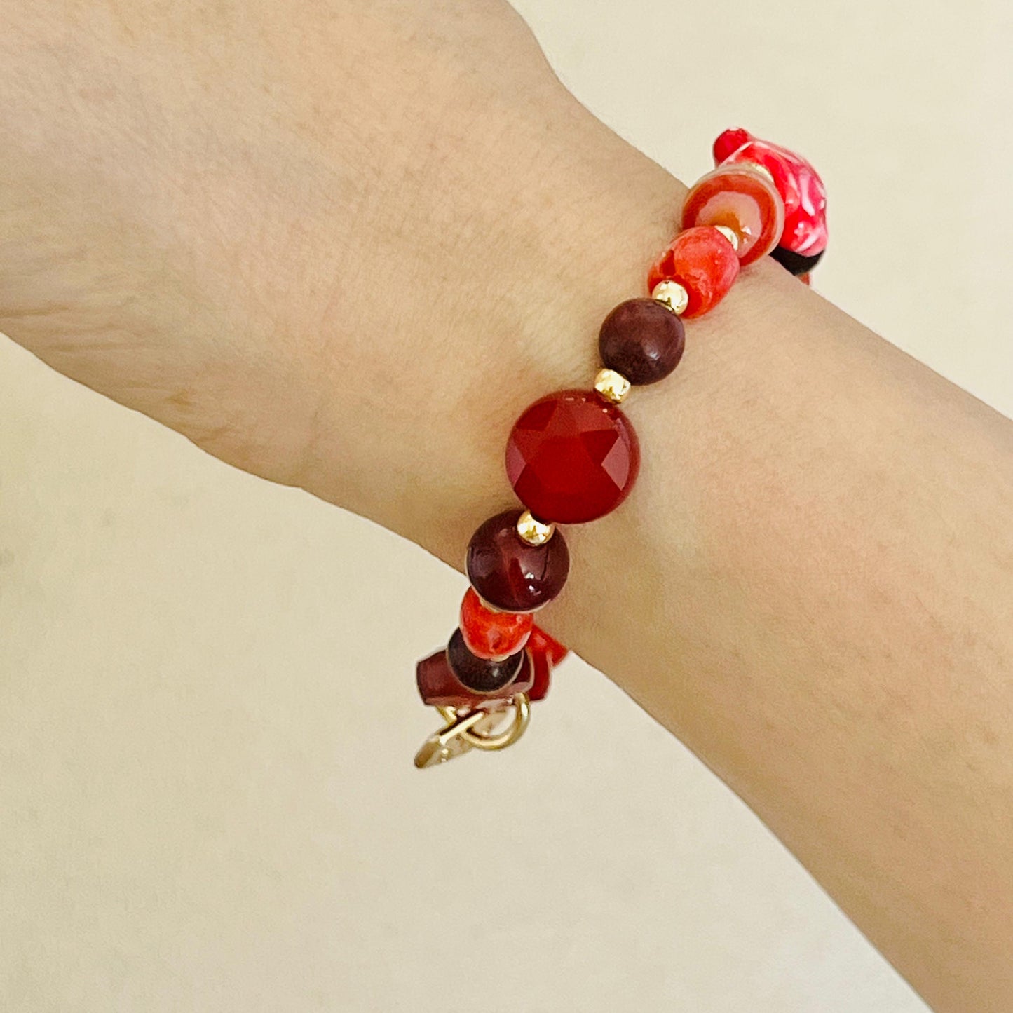 Carnelian, Coral, Red Agate & Sandalwood Angbao Koi Bracelet