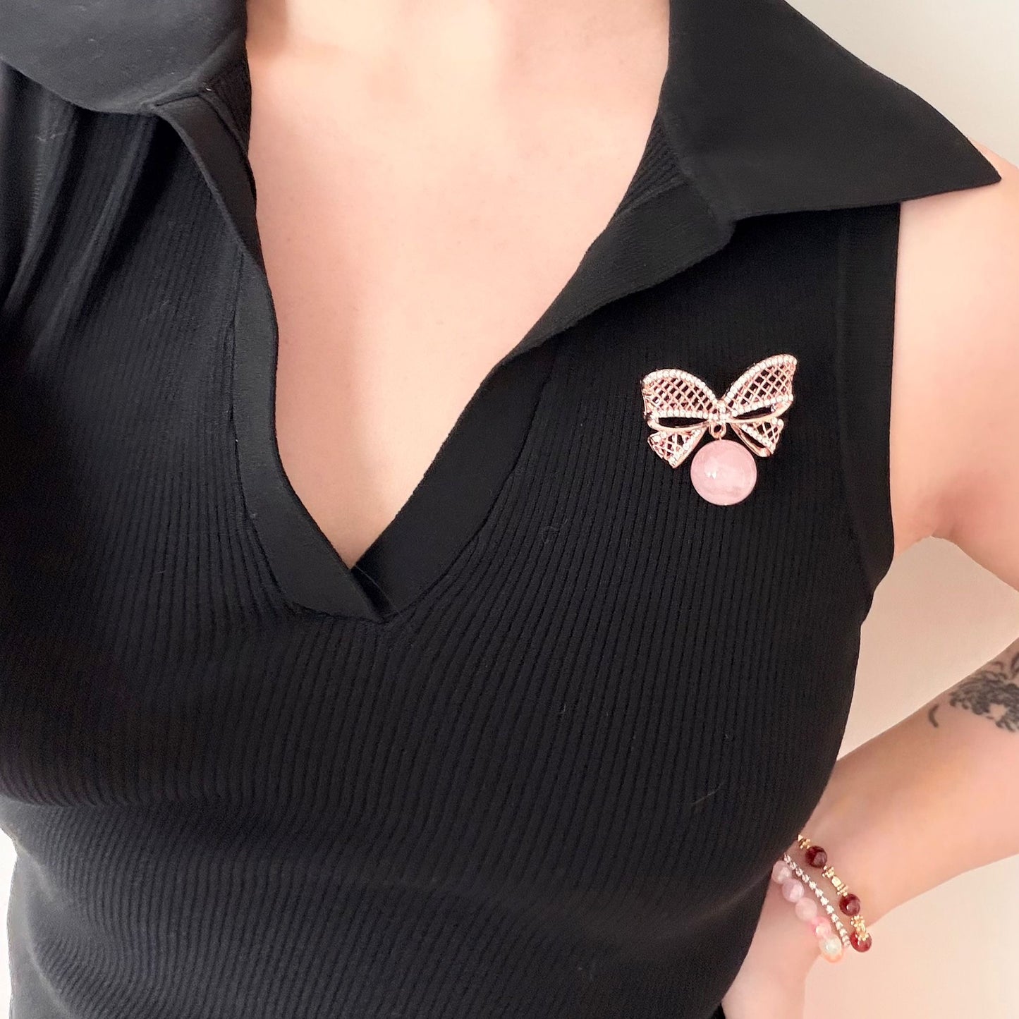 Madagascar Rose Quartz Ribbon Brooch