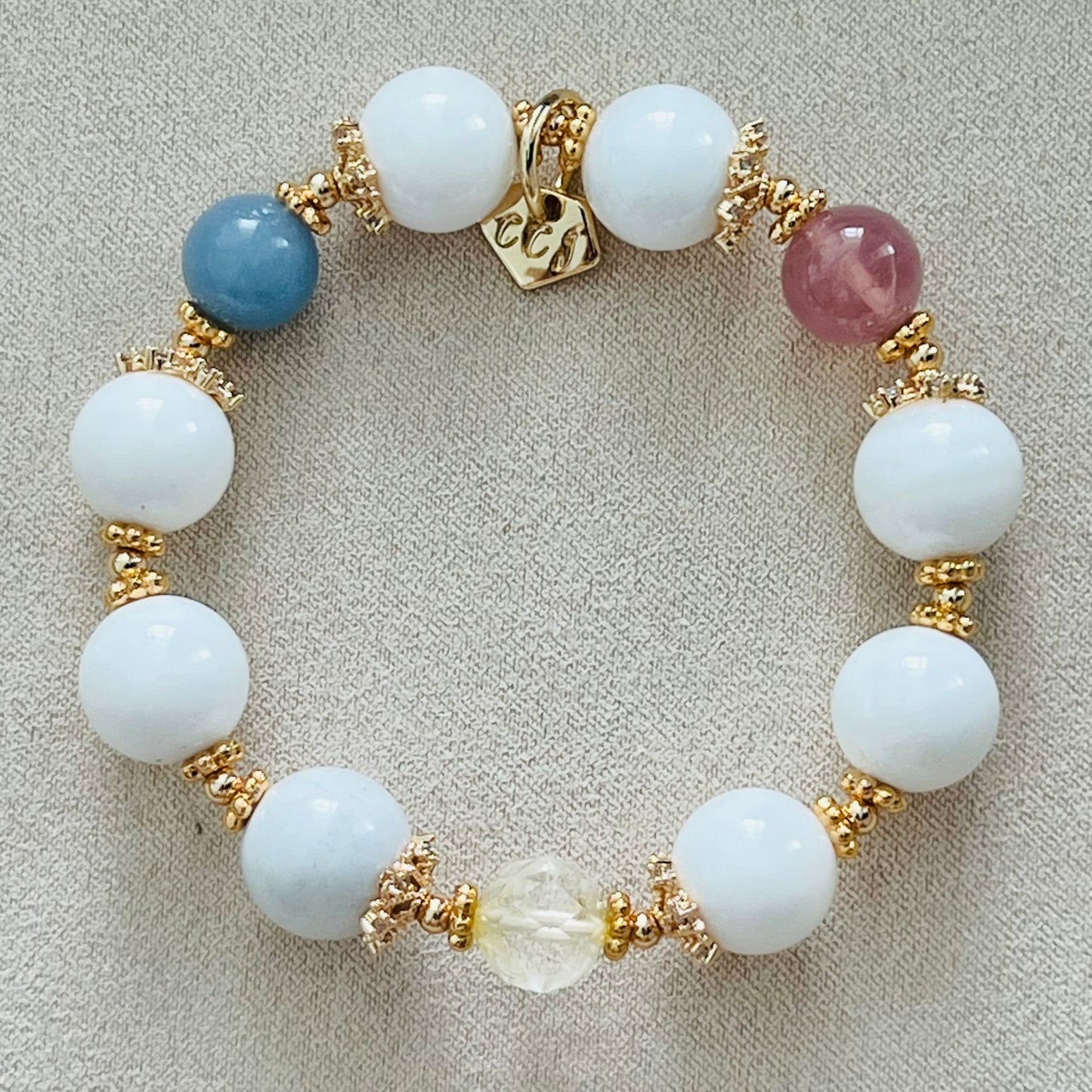 White Coral, Blue Angelite, Citrine & Madagascar Rose Quartz Bracelet