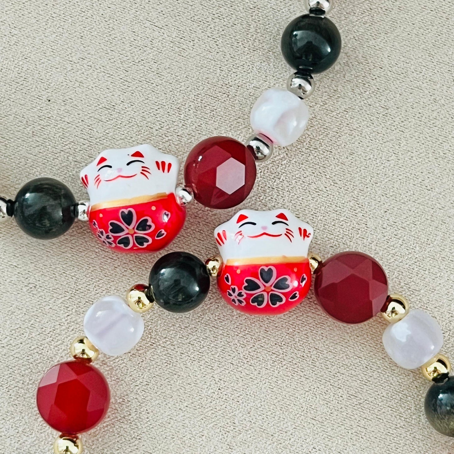 Gold Sheen Obsidian, Red Agate & Snowflake Agate Money Kitty Bracelet