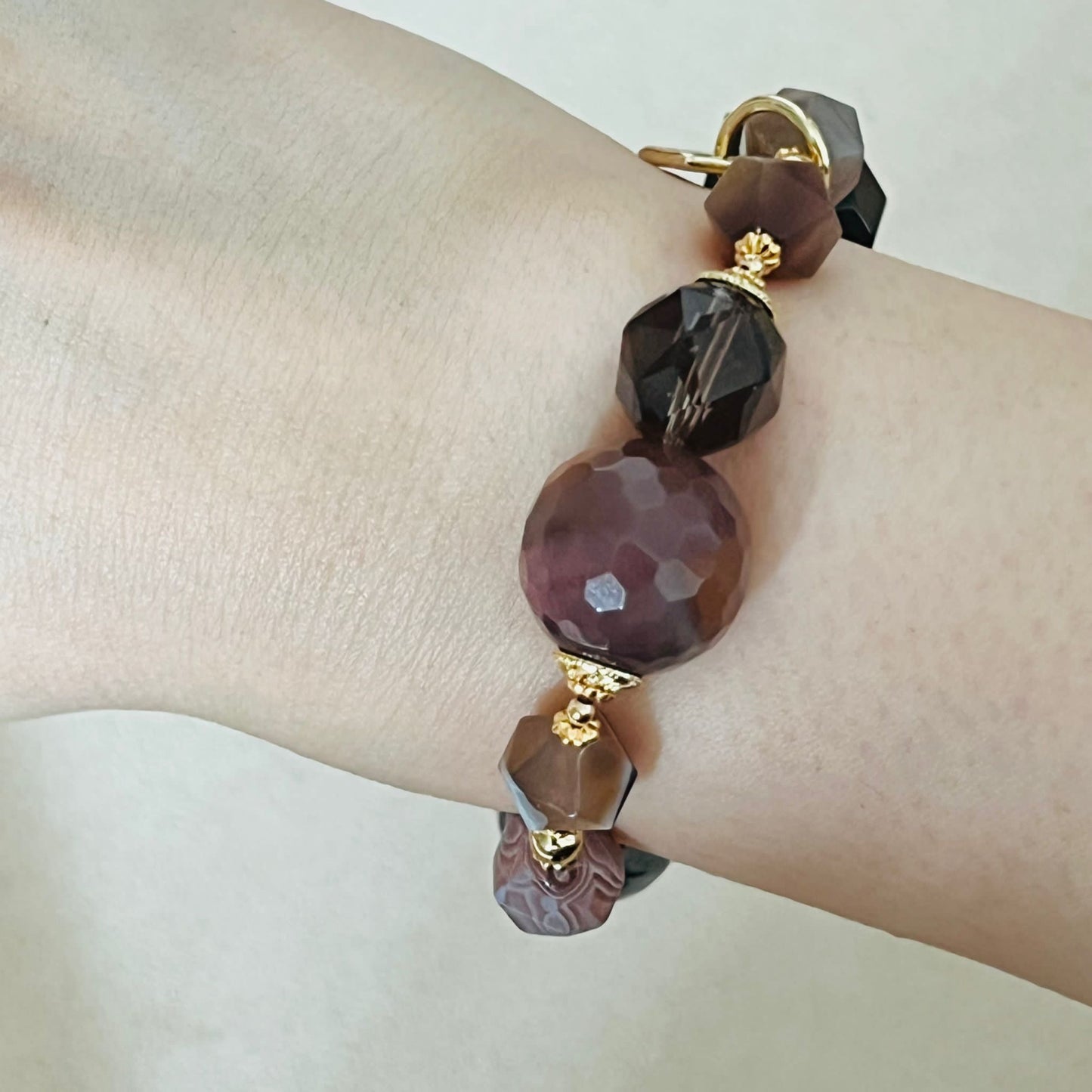 Raw Smoky Quartz, Rutilated Black Quartz & Botswana Agate Bracelet
