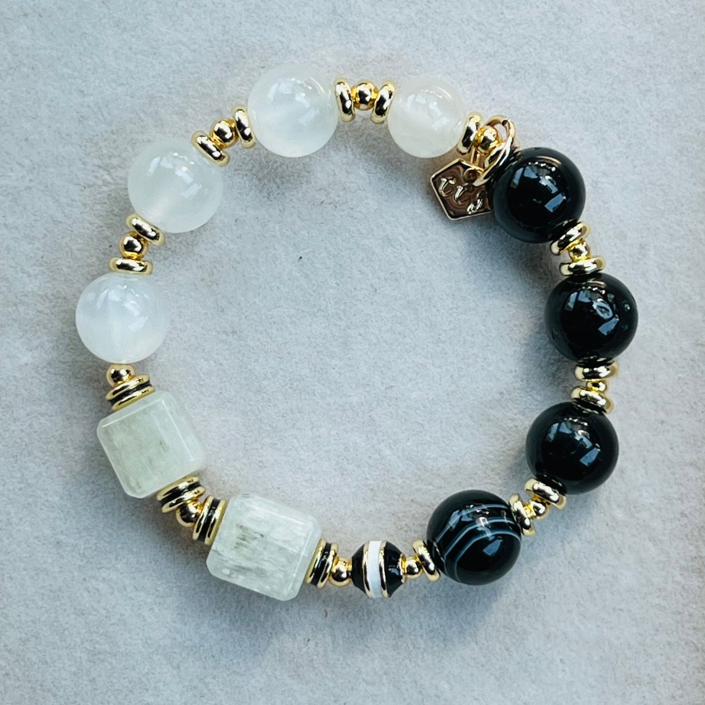 Tibetan Eye Agate,Tourmaline & Kunzite Cube Bracelet