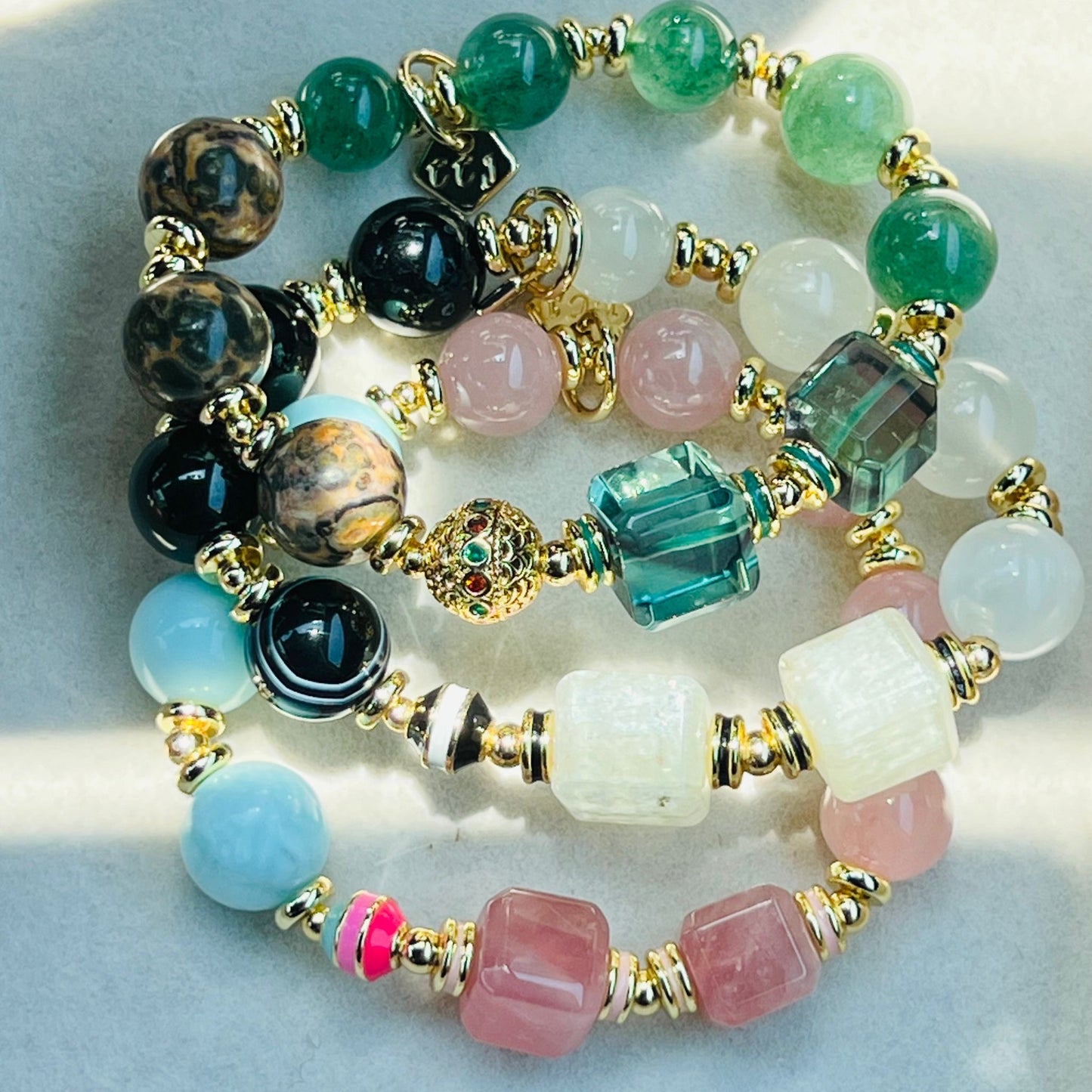 Tibetan Eye Agate,Tourmaline & Kunzite Cube Bracelet