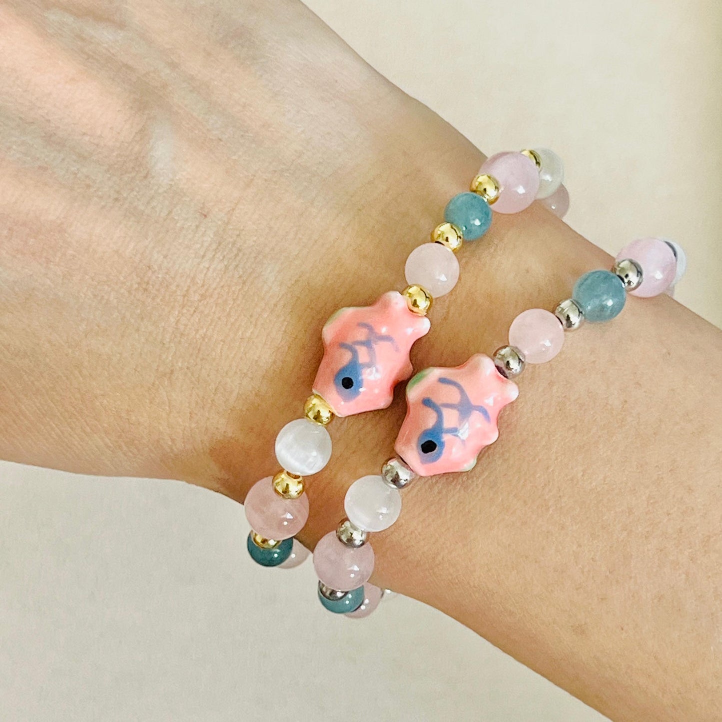 Aquamarine, Rose Quartz & Selenite Rose Koi Bracelet