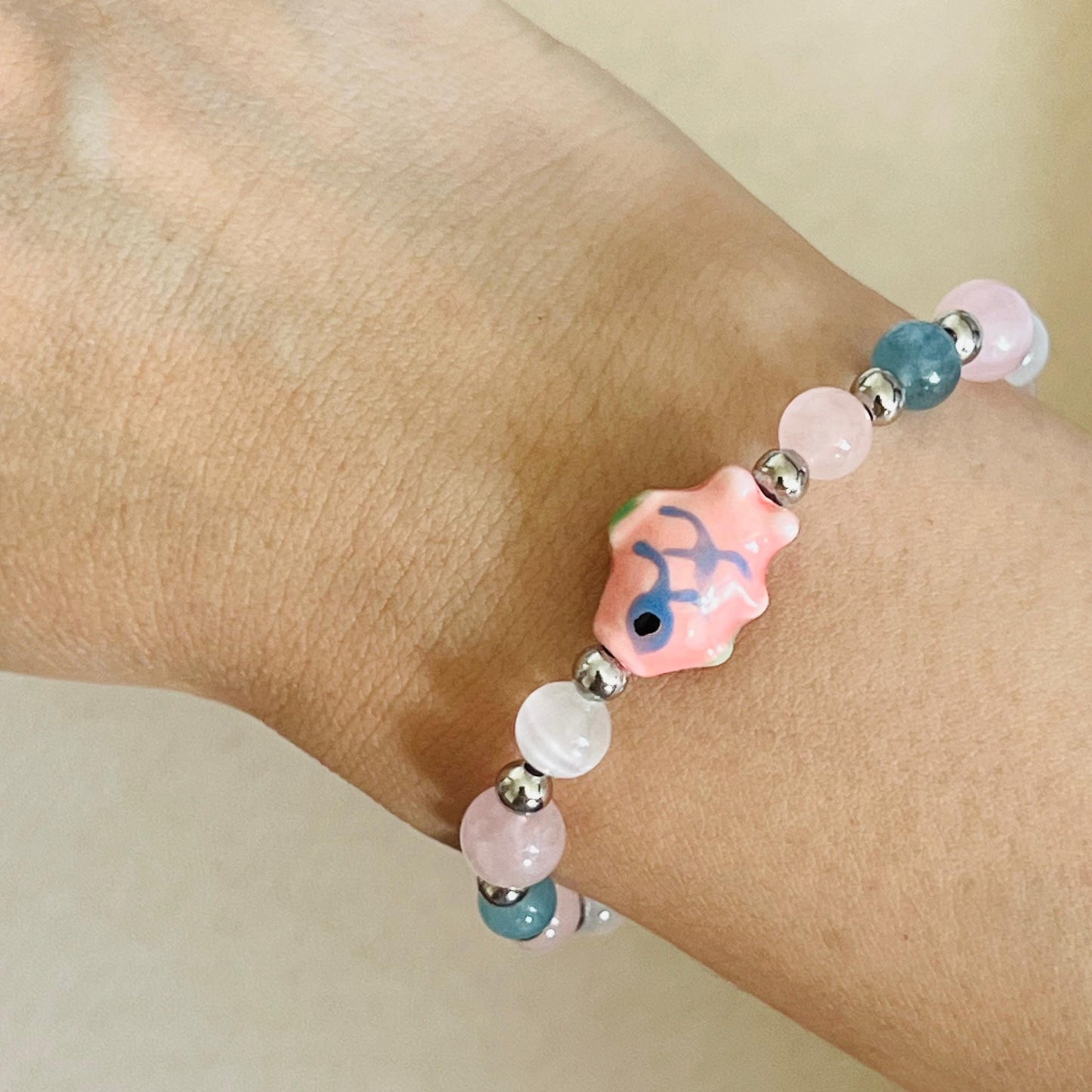 Aquamarine, Rose Quartz & Selenite Rose Koi Bracelet