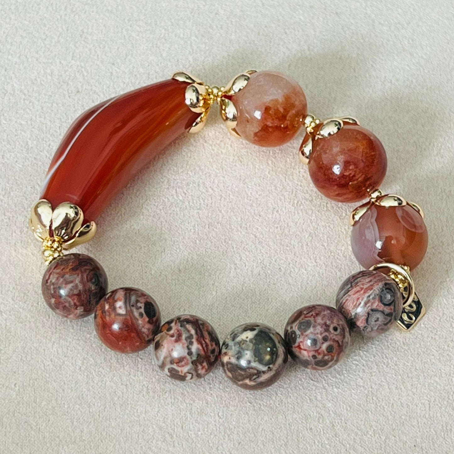 Tibetan Eye Agate, Carnelian, Leopardskin Jasper & Rabbit Hair Quartz Bracelet