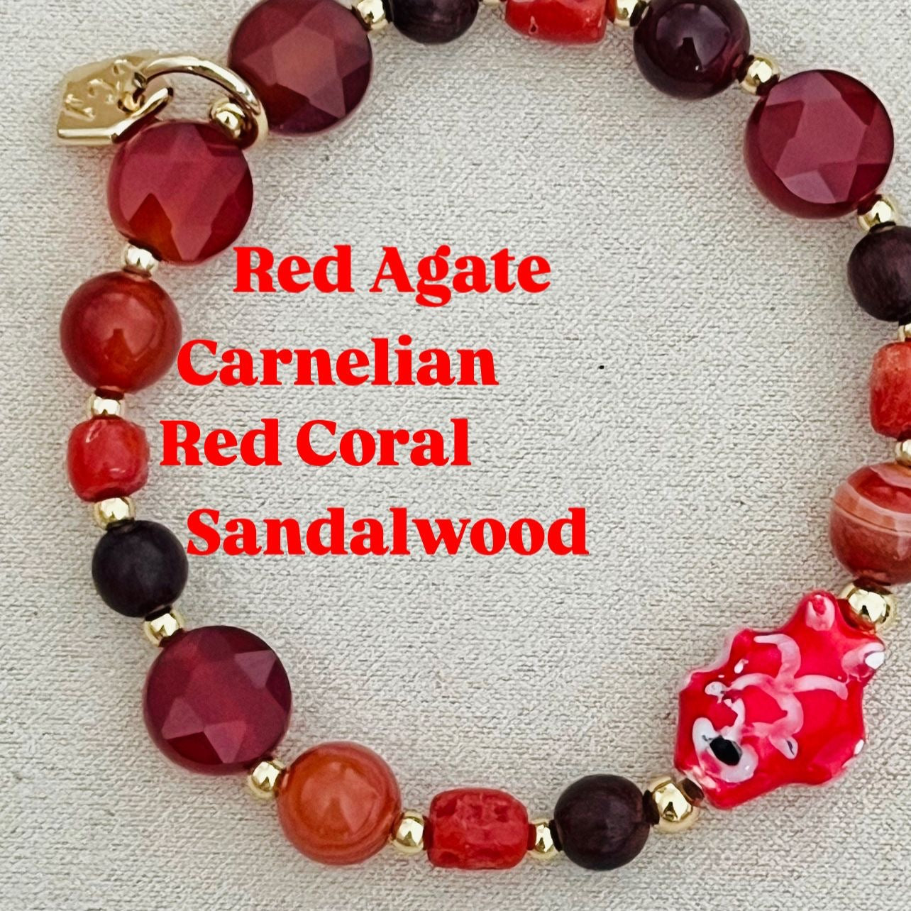 Carnelian, Coral, Red Agate & Sandalwood Angbao Koi Bracelet