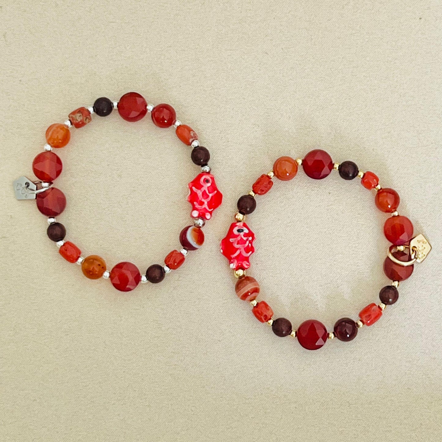 Carnelian, Coral, Red Agate & Sandalwood Angbao Koi Bracelet