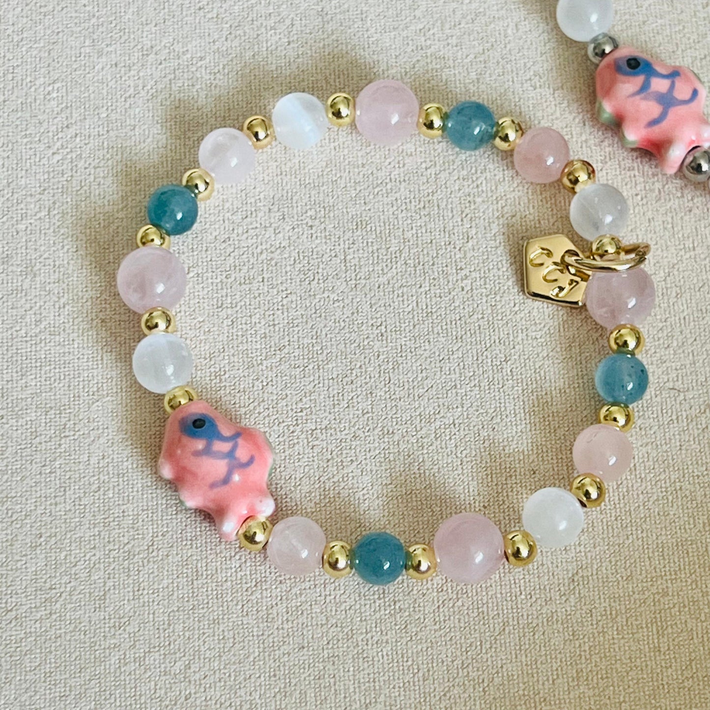 Aquamarine, Rose Quartz & Selenite Rose Koi Bracelet