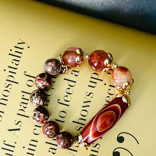 Tibetan Eye Agate, Carnelian, Leopardskin Jasper & Rabbit Hair Quartz Bracelet