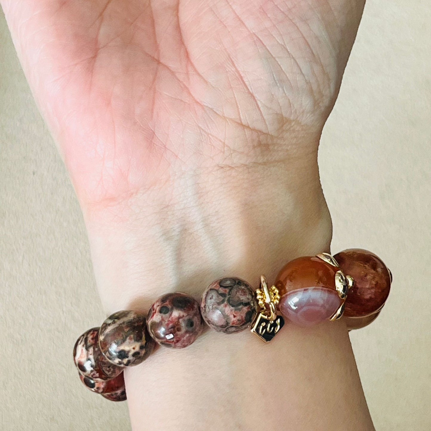 Tibetan Eye Agate, Carnelian, Leopardskin Jasper & Rabbit Hair Quartz Bracelet