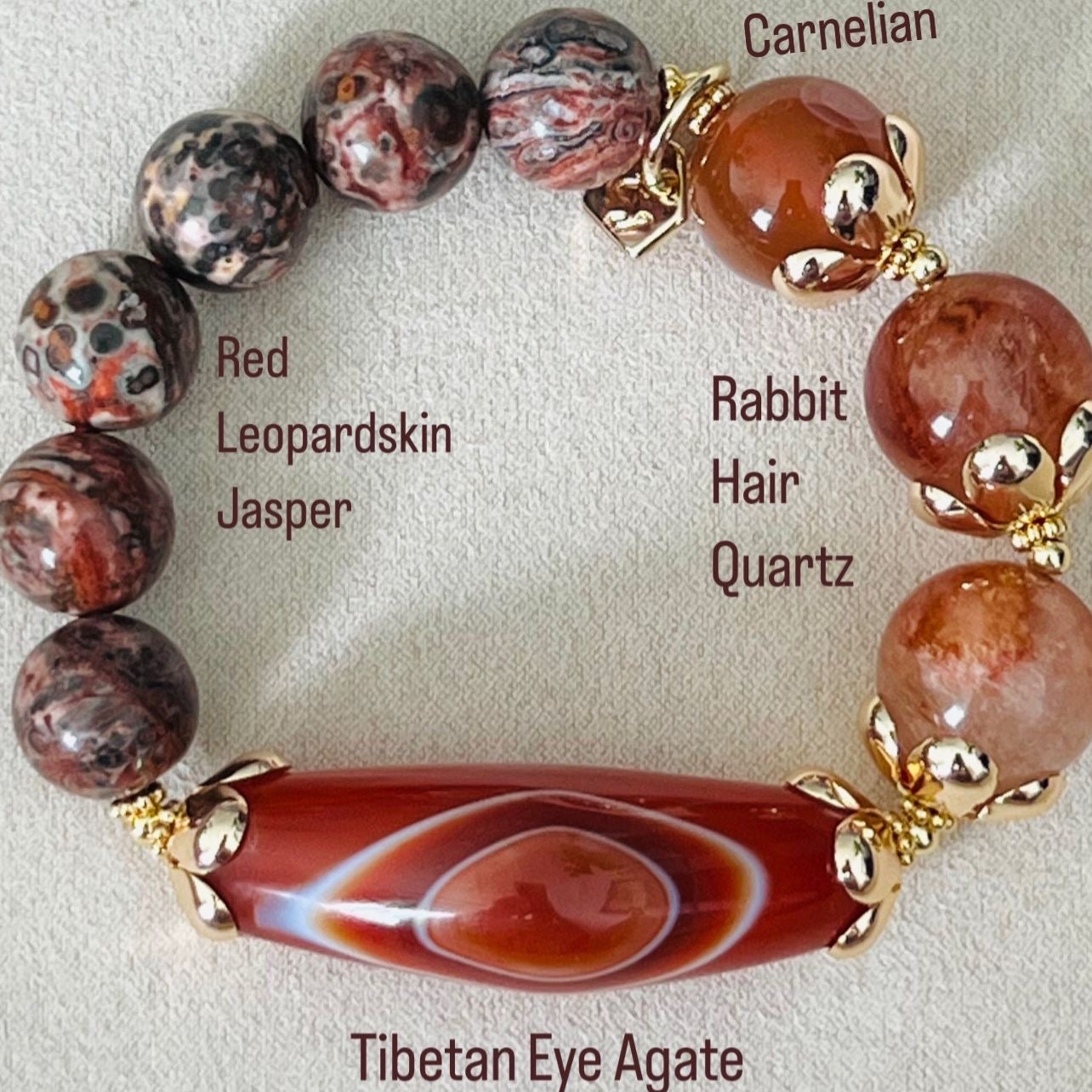 Tibetan Eye Agate, Carnelian, Leopardskin Jasper & Rabbit Hair Quartz Bracelet