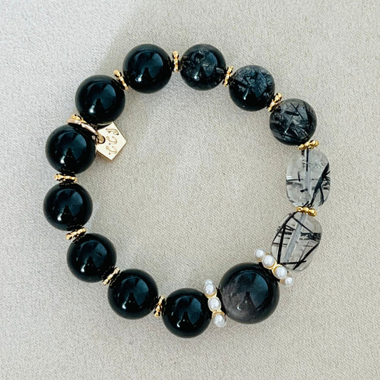 Silver Sheen Obsidian, Black Tourmaline & Rutilated Black Quartz Bracelet
