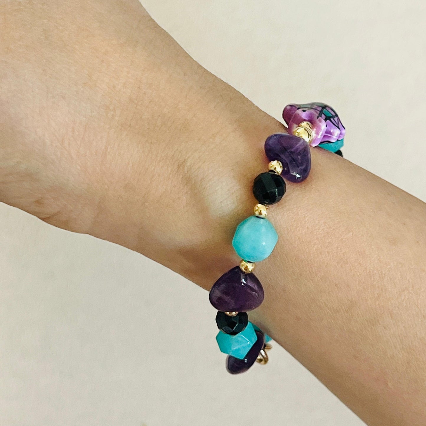 Amazonite, Amethyst & Black Tourmaline Grape Koi Bracelet