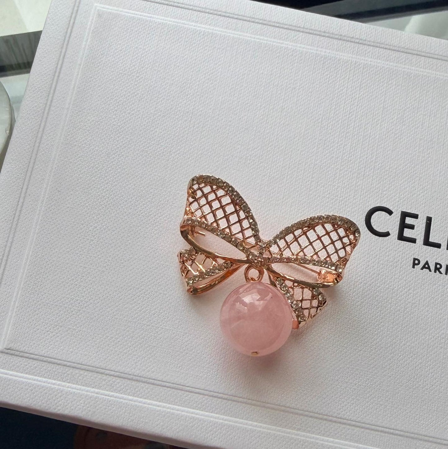 Madagascar Rose Quartz Ribbon Brooch